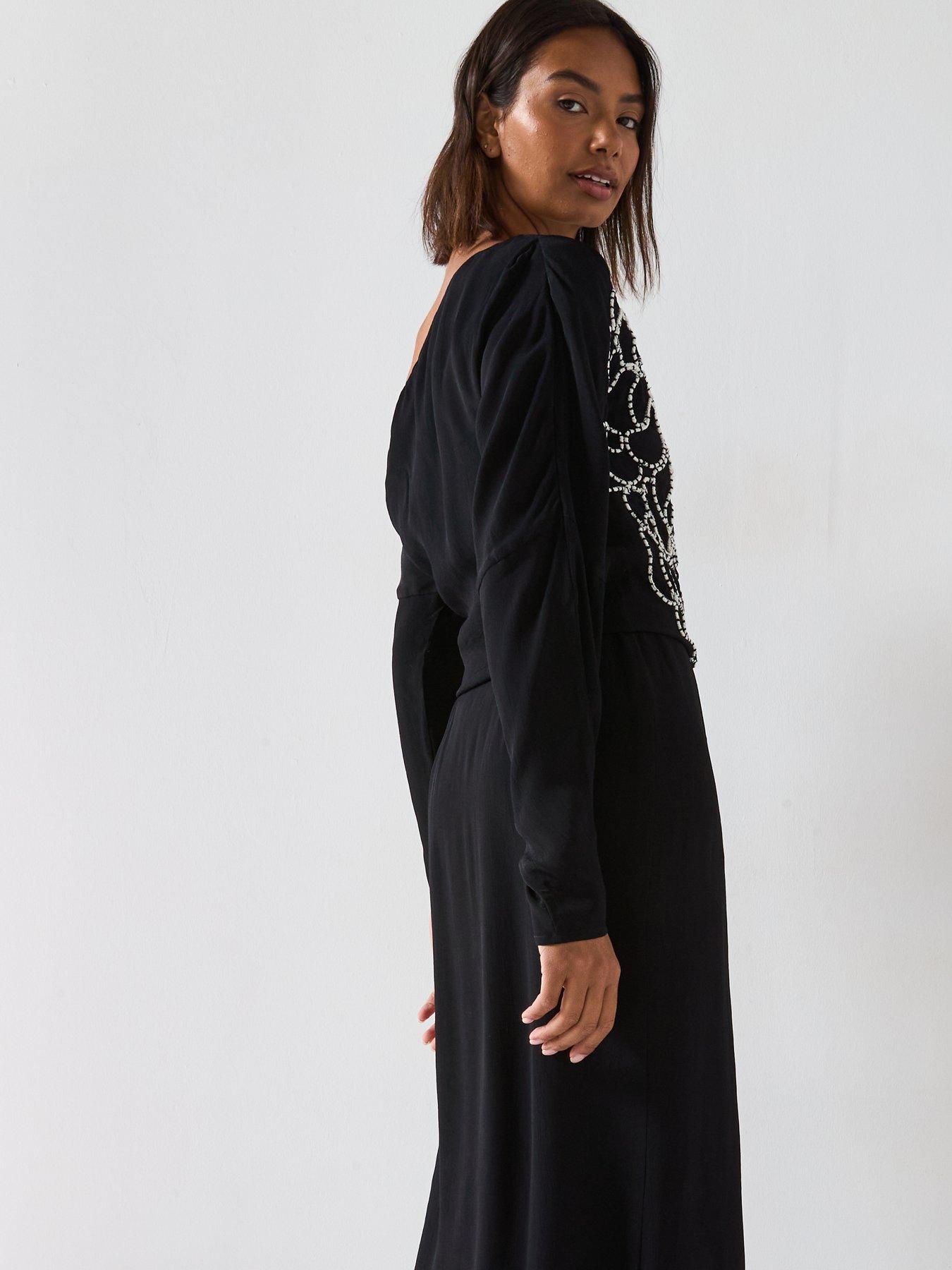 Image 4 of 6 of V by Very One Shoulder Drape Midi Dress - Black