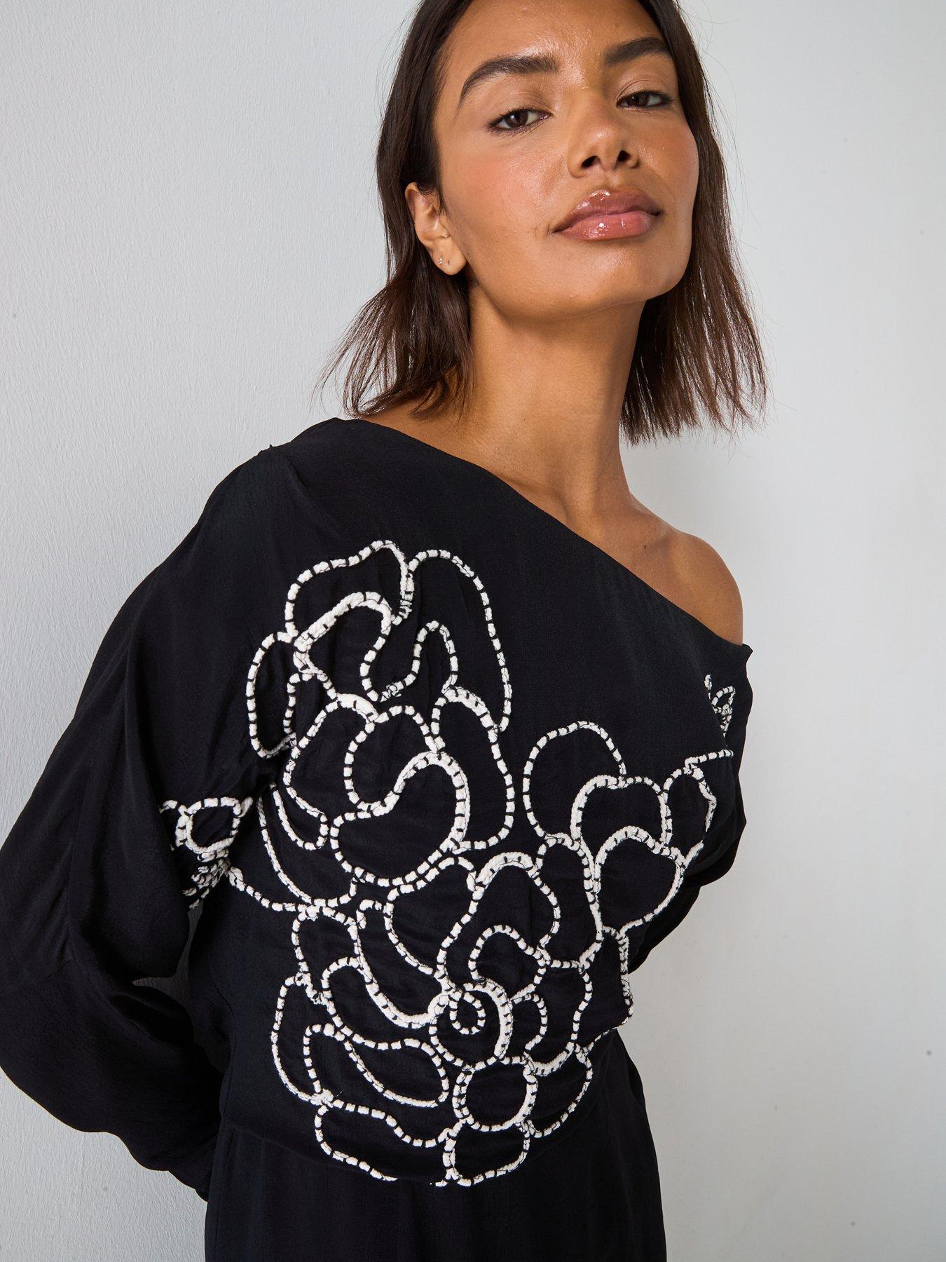 Image 6 of 6 of V by Very One Shoulder Drape Midi Dress - Black