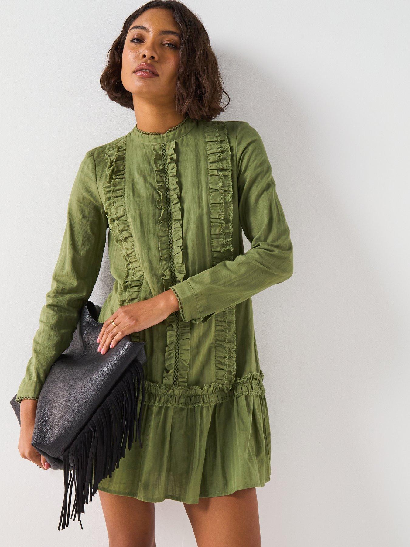 undefined Ruffle Dropped Hem Mini Dress - Green