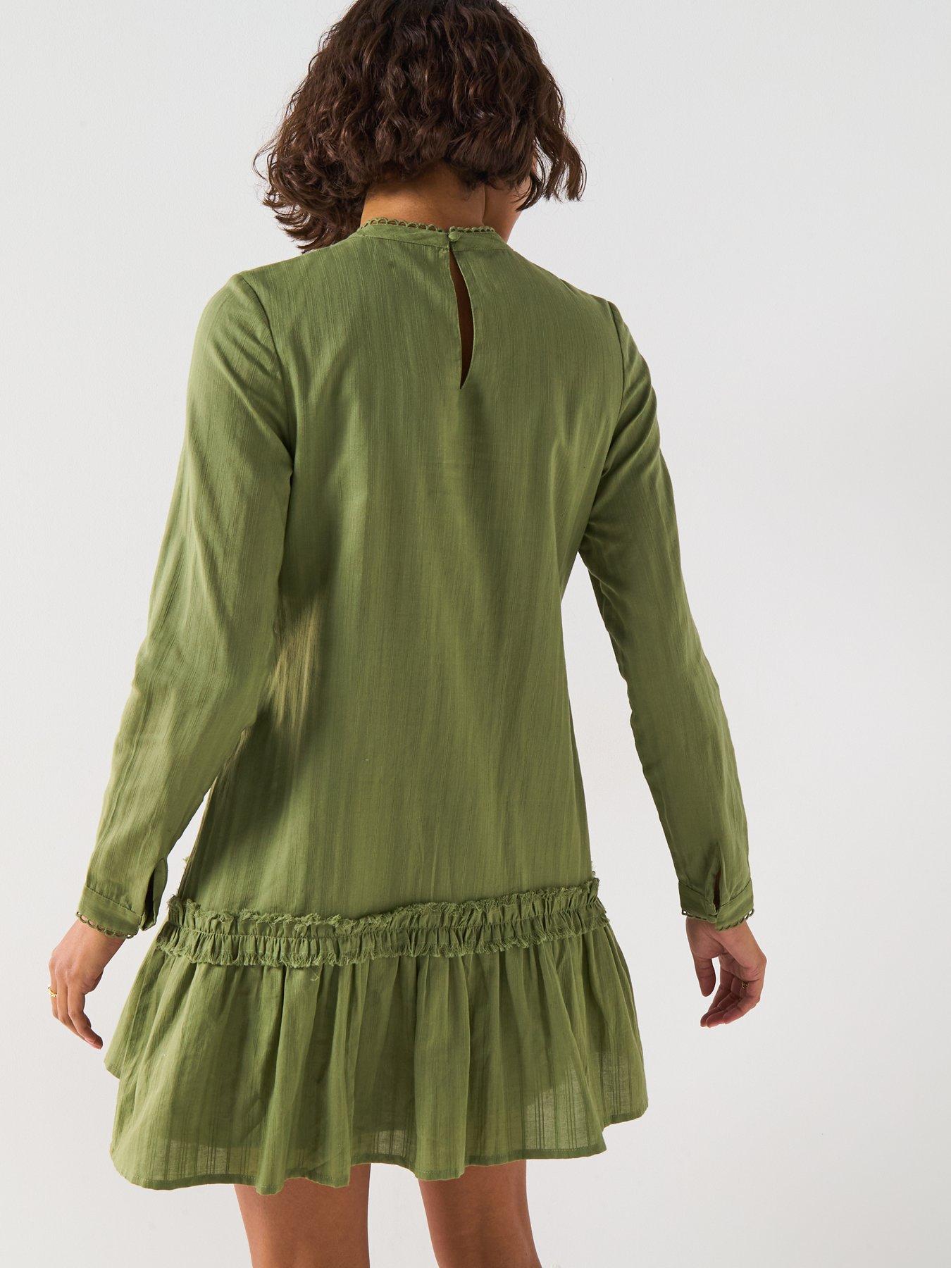 Image 2 of 6 of V by Very Ruffle Dropped Hem Mini Dress - Green