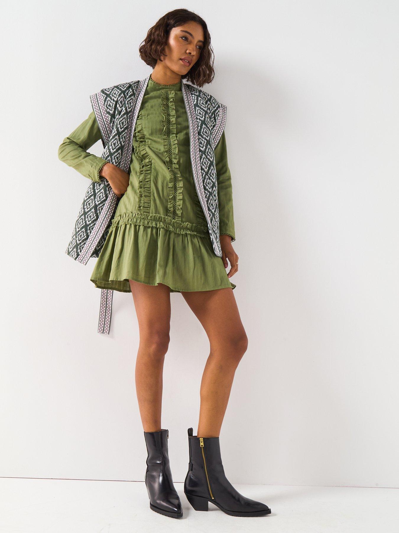 Image 3 of 6 of V by Very Ruffle Dropped Hem Mini Dress - Green