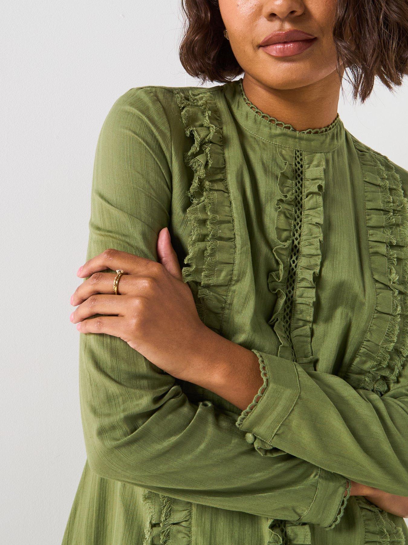 Image 4 of 6 of V by Very Ruffle Dropped Hem Mini Dress - Green