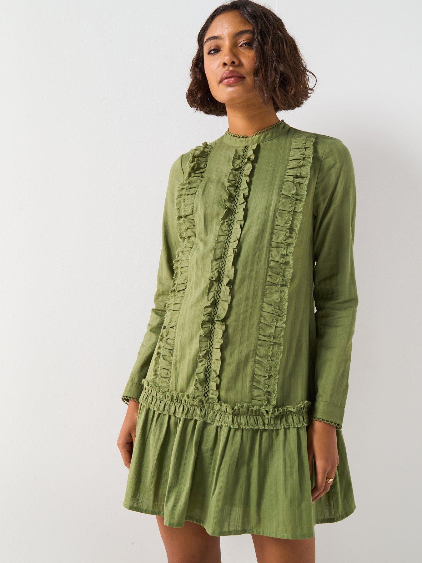 Image 5 of 6 of V by Very Ruffle Dropped Hem Mini Dress - Green