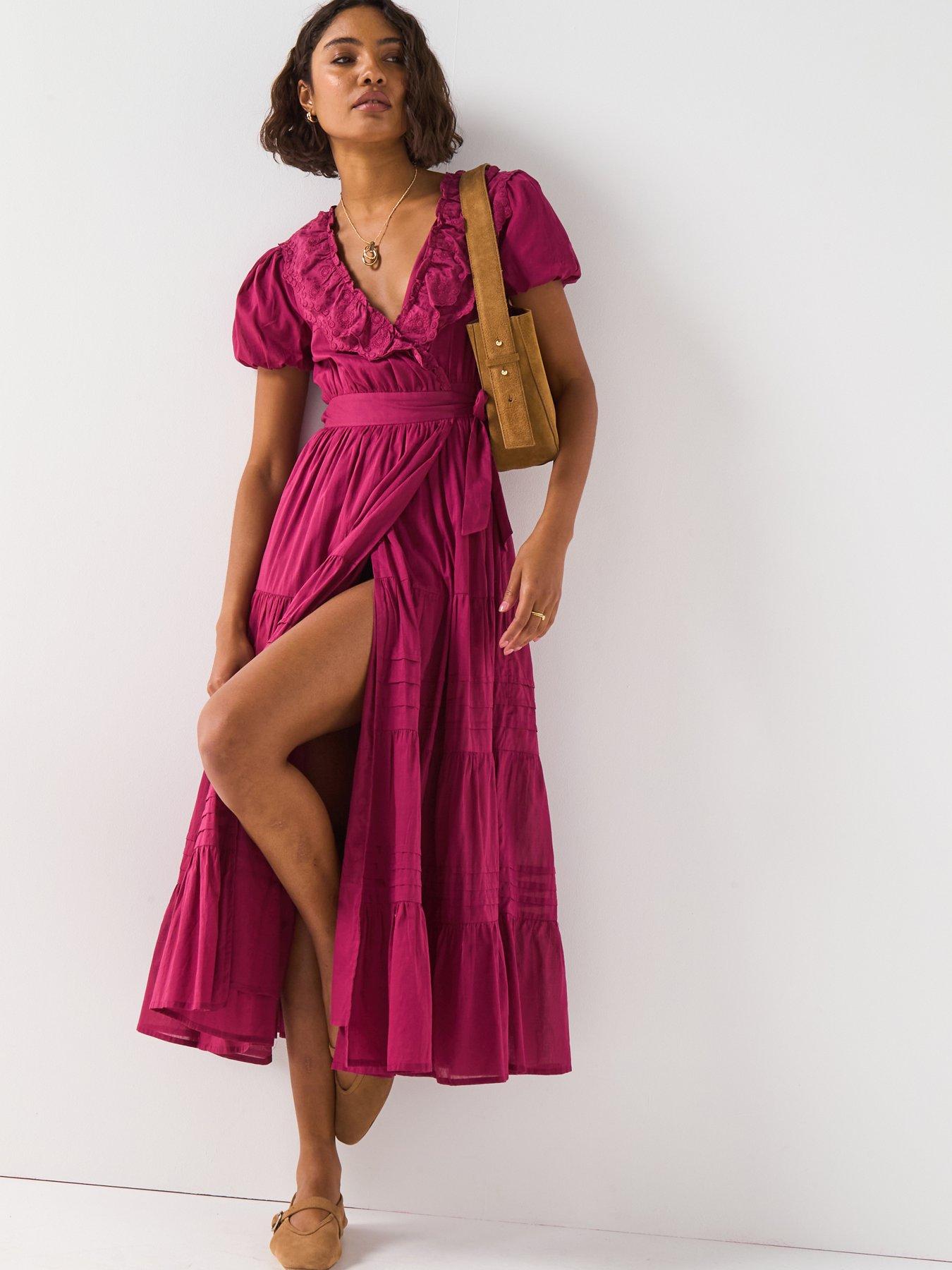 undefined Wrap Embroidered Tiered Midi Dress - Pink