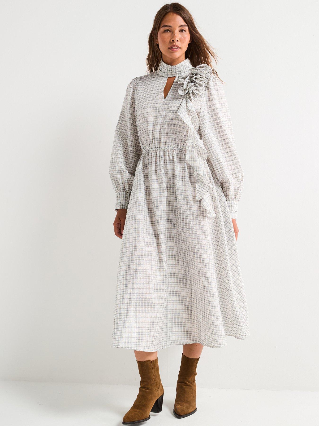 undefined Checked Ruffle Midi Dress - Print