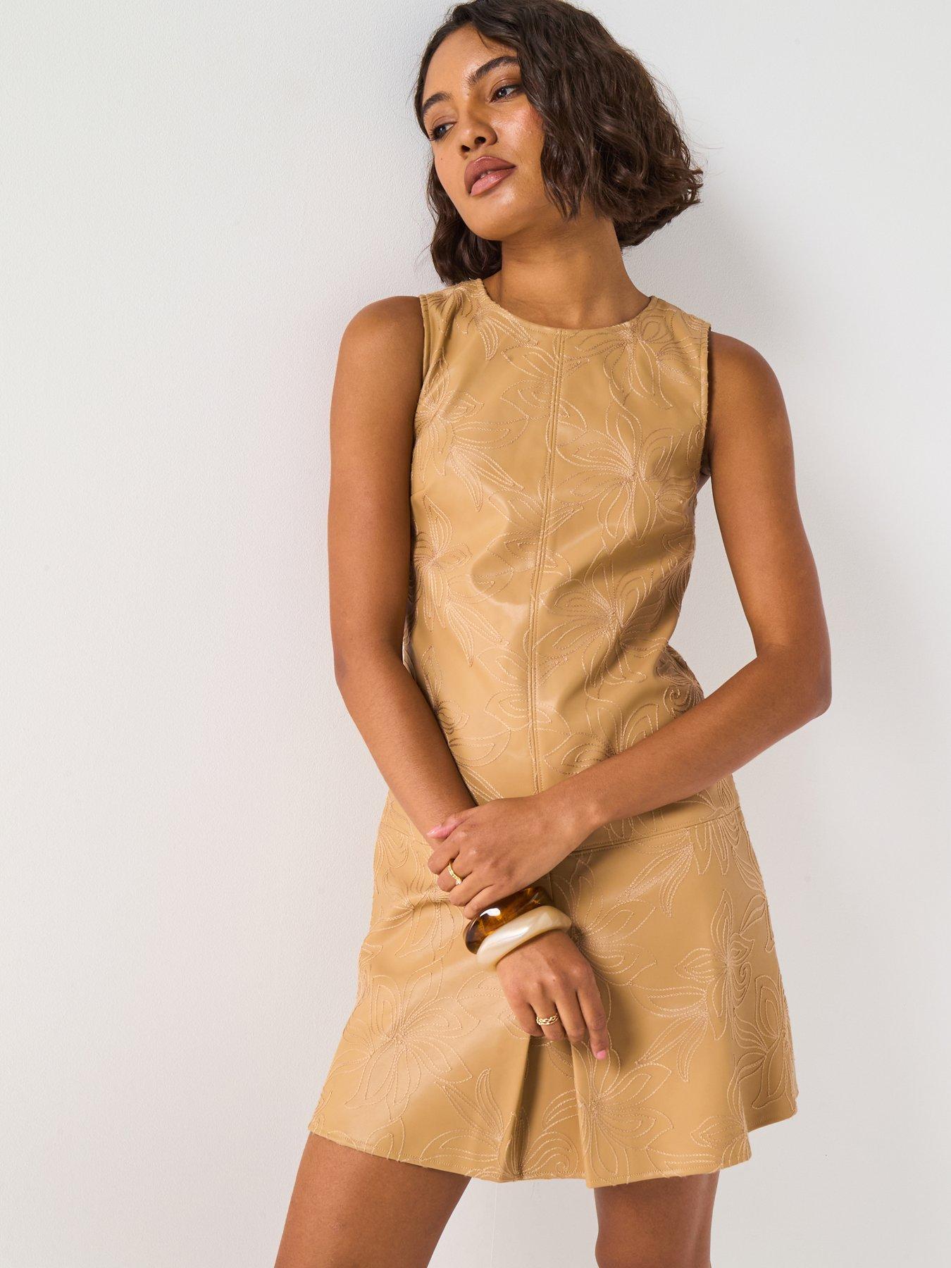 undefined PU Embroidered Shift Dress - Beige
