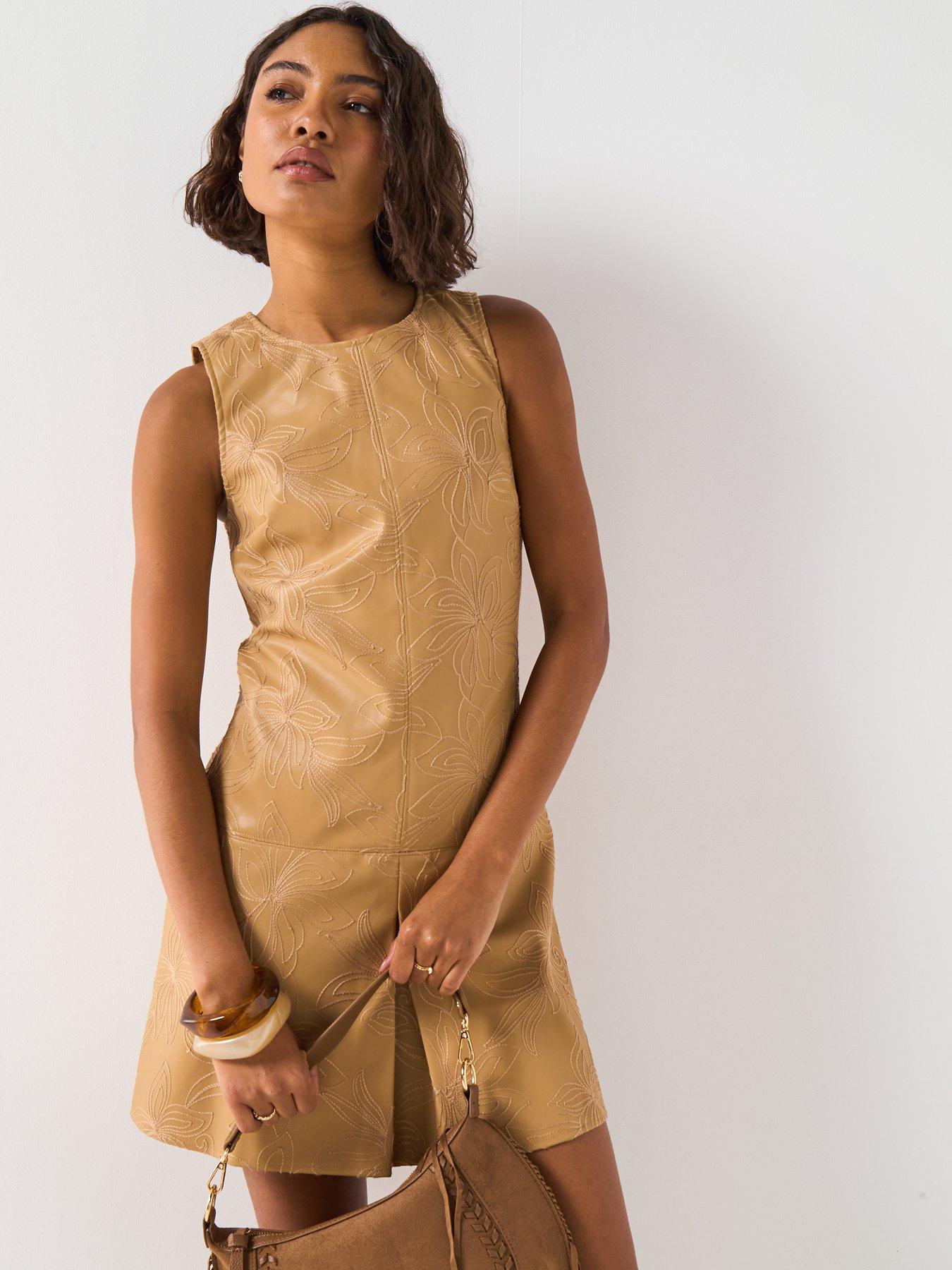 V by Very PU Embroidered Shift Dress Beige Very