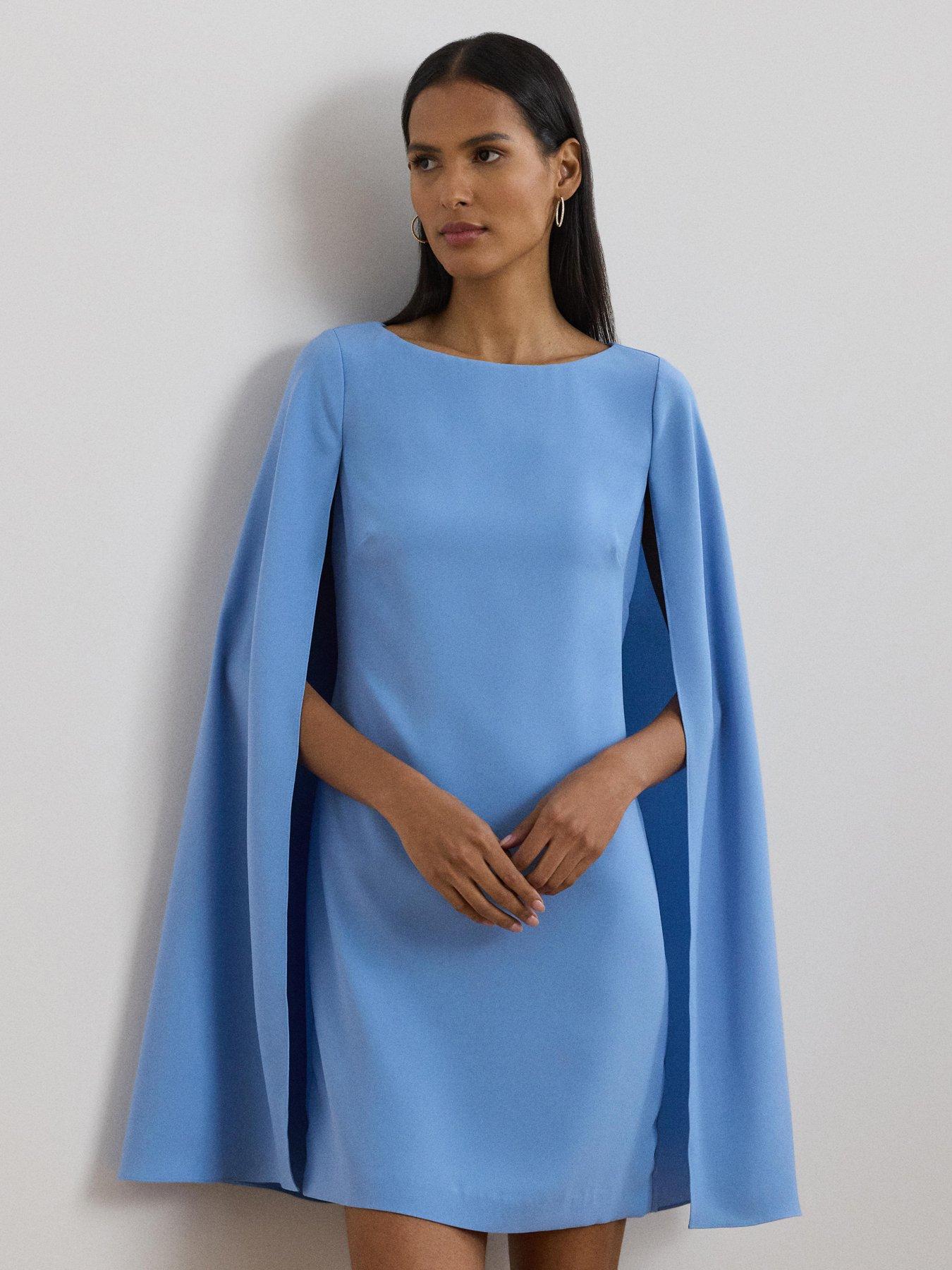 Image of Lauren by Ralph Lauren Petra Cape Cocktail Dress - Blue, BLUE, Size 12, Women