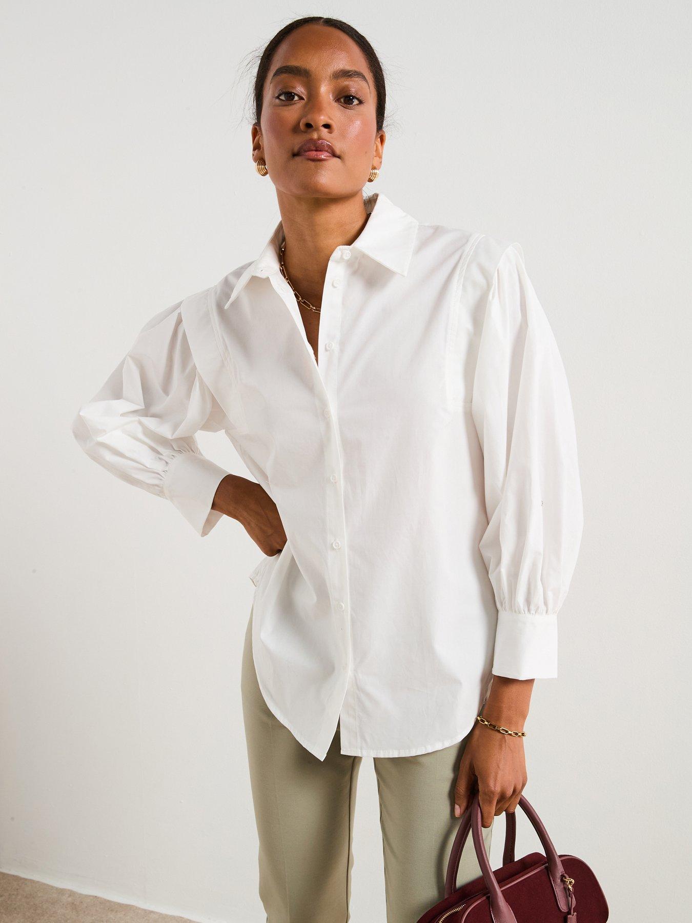 V by Very: Balloon Sleeve Cotton Button Through Shirt - White