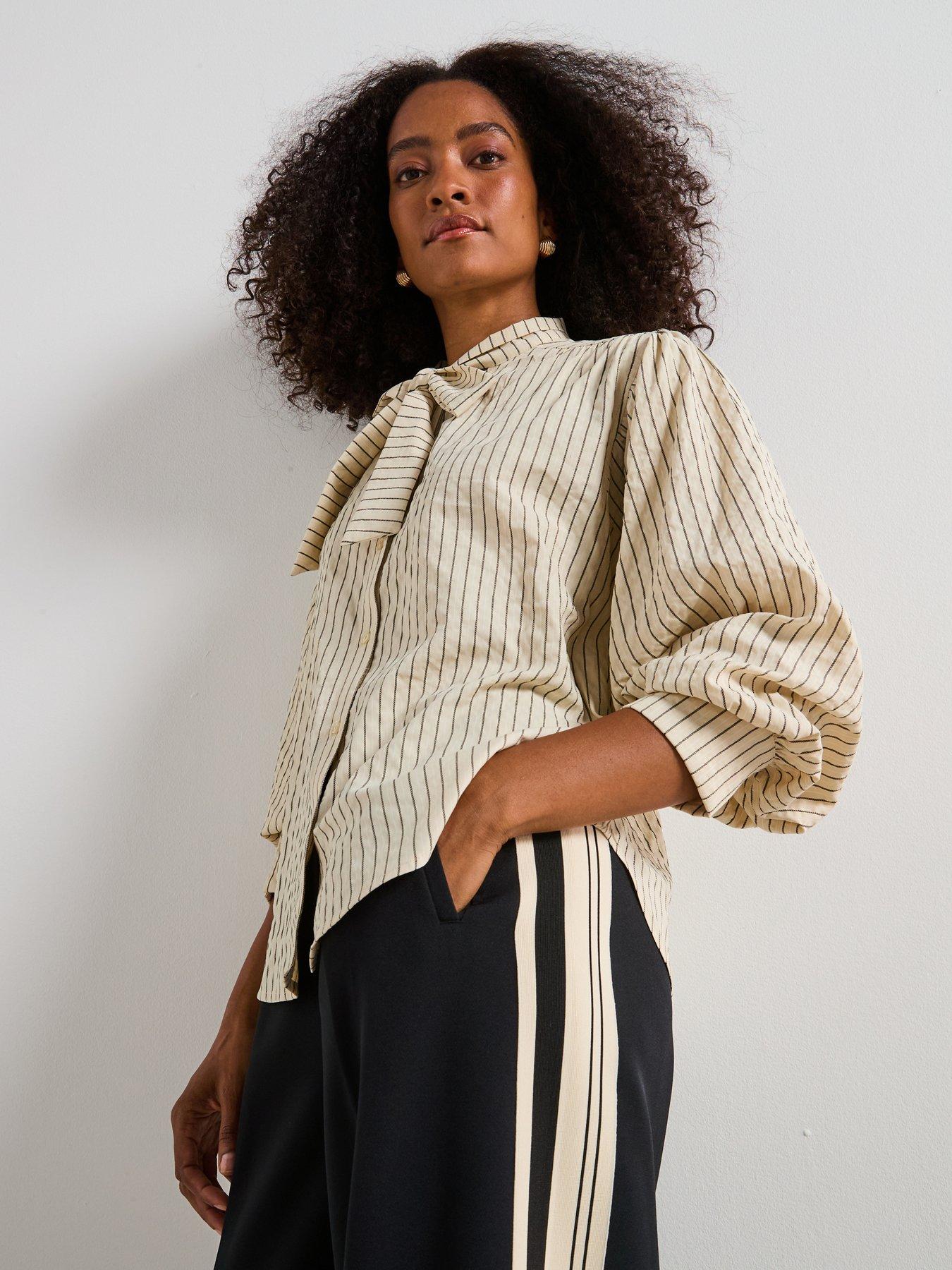 undefined Stripe Tie Balloon Sleeve Blouse - Cream