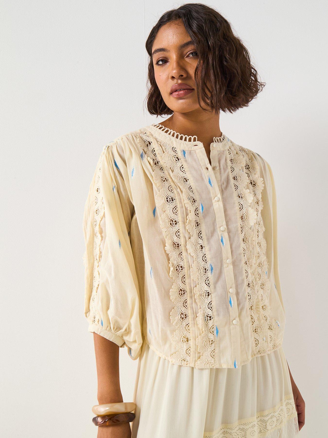 V by Very Lace Insert Balloon Sleeve Foil Blouse - Cream