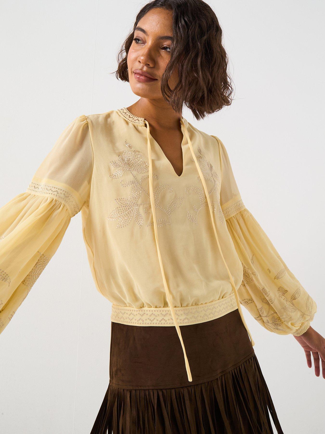 V by Very: Embroidered Tie Neck Blouse - Yellow