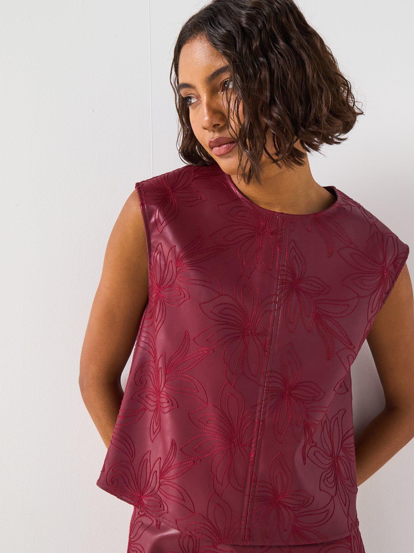 Image 1 of 6 of V by Very Embroidered PU Blouse - Burgundy