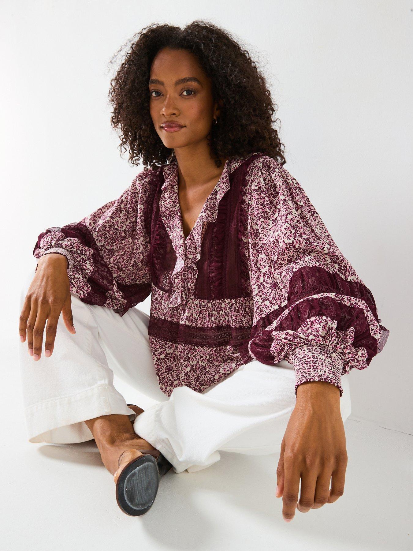 undefined V Neck Ruffle Lace Insert Blouse - Print