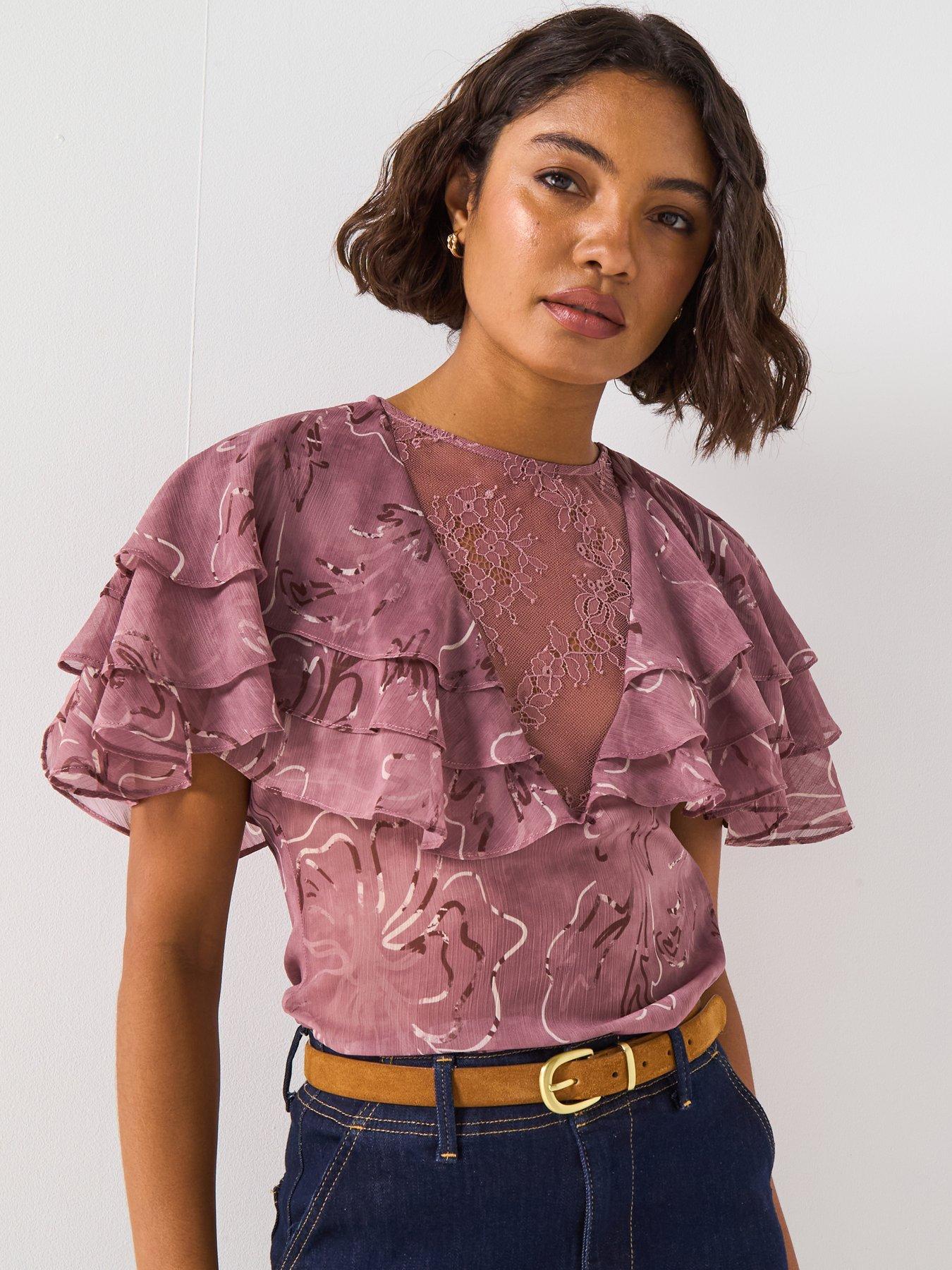 V by Very Lace Insert Cape Frill Blouse - Pink