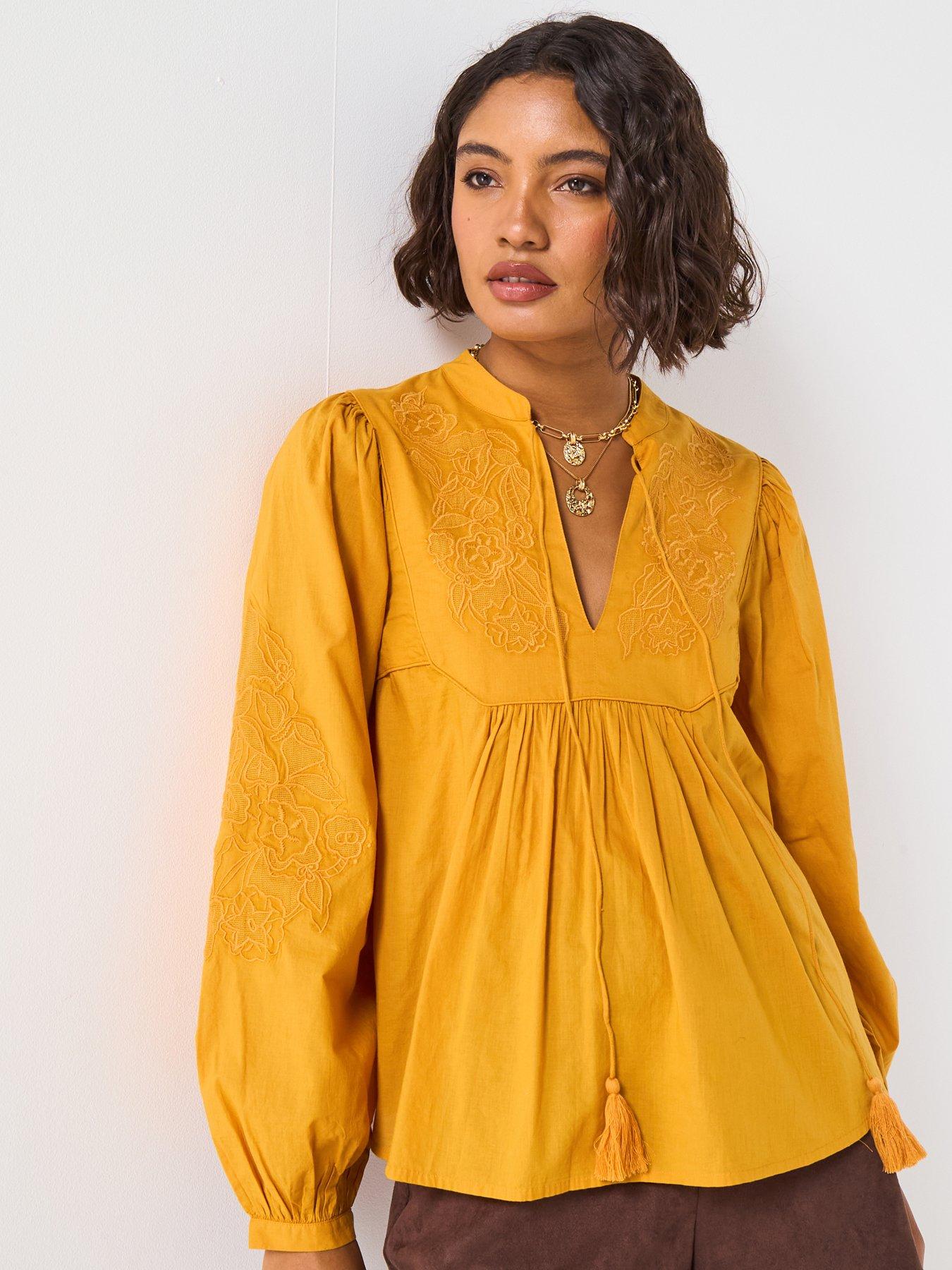 undefined Tie Front Smock Blouse - Yellow