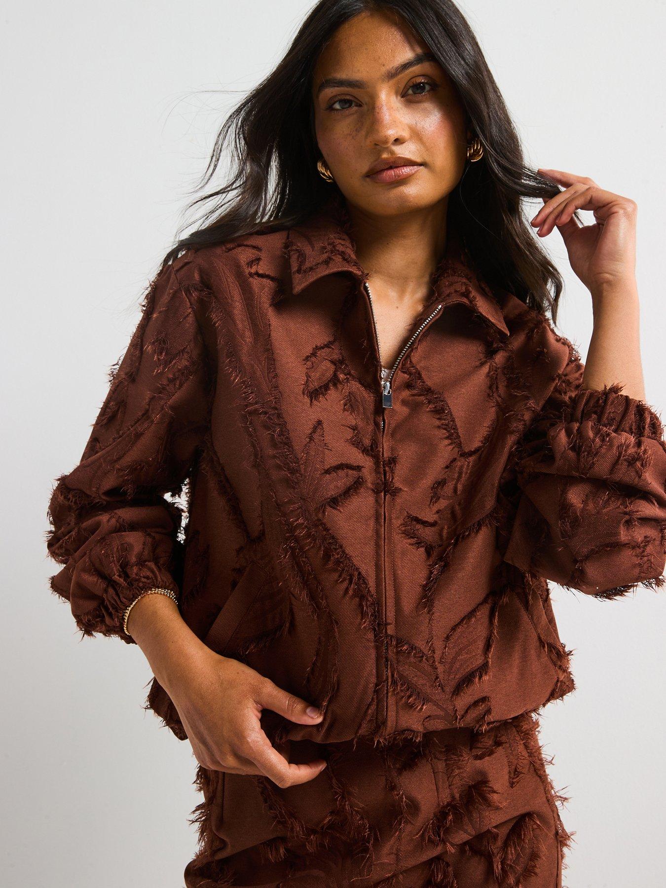 undefined Flocked Zip Through Jacket - Brown