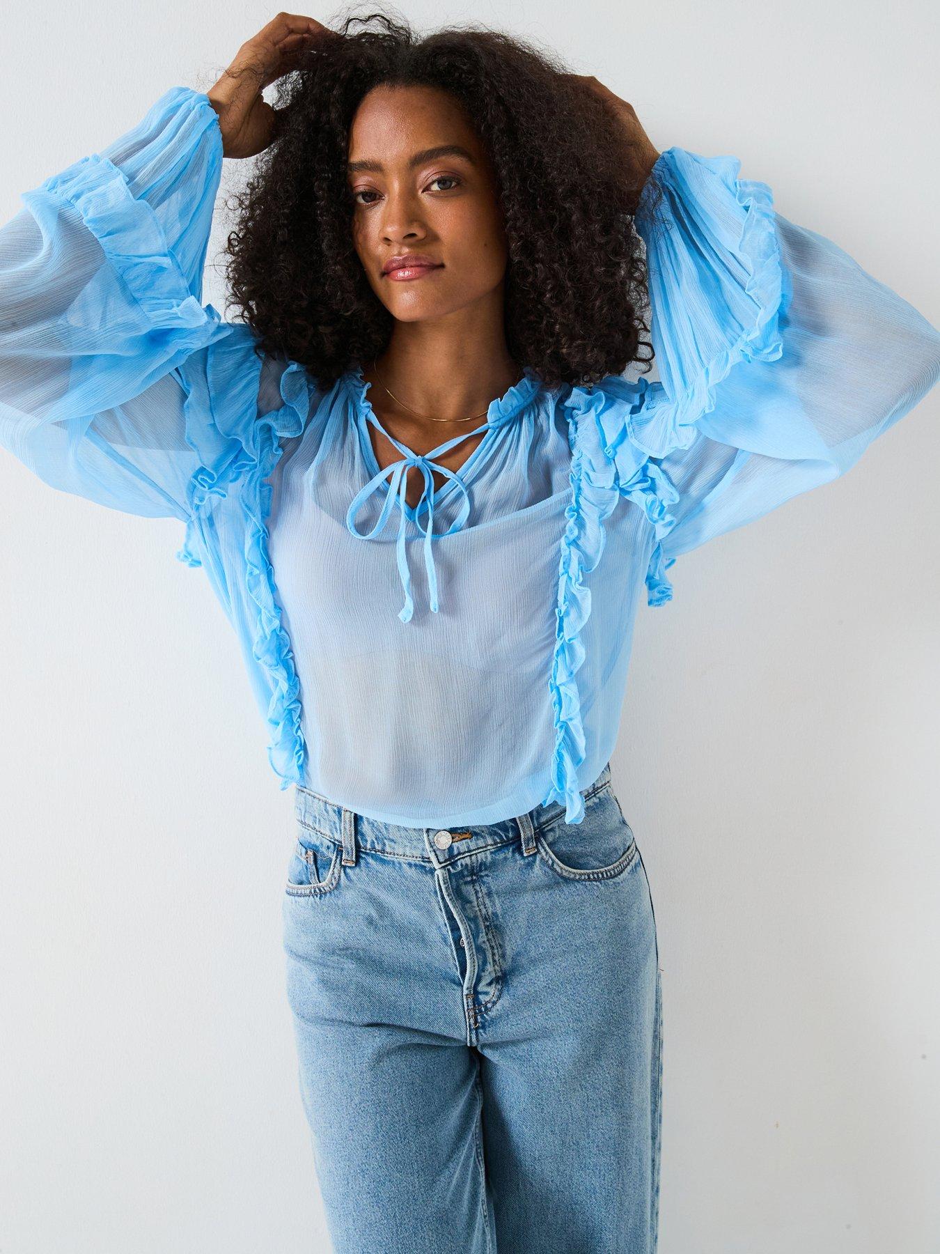 V by Very Seersucker Ruffle Blouse - Blue | Very