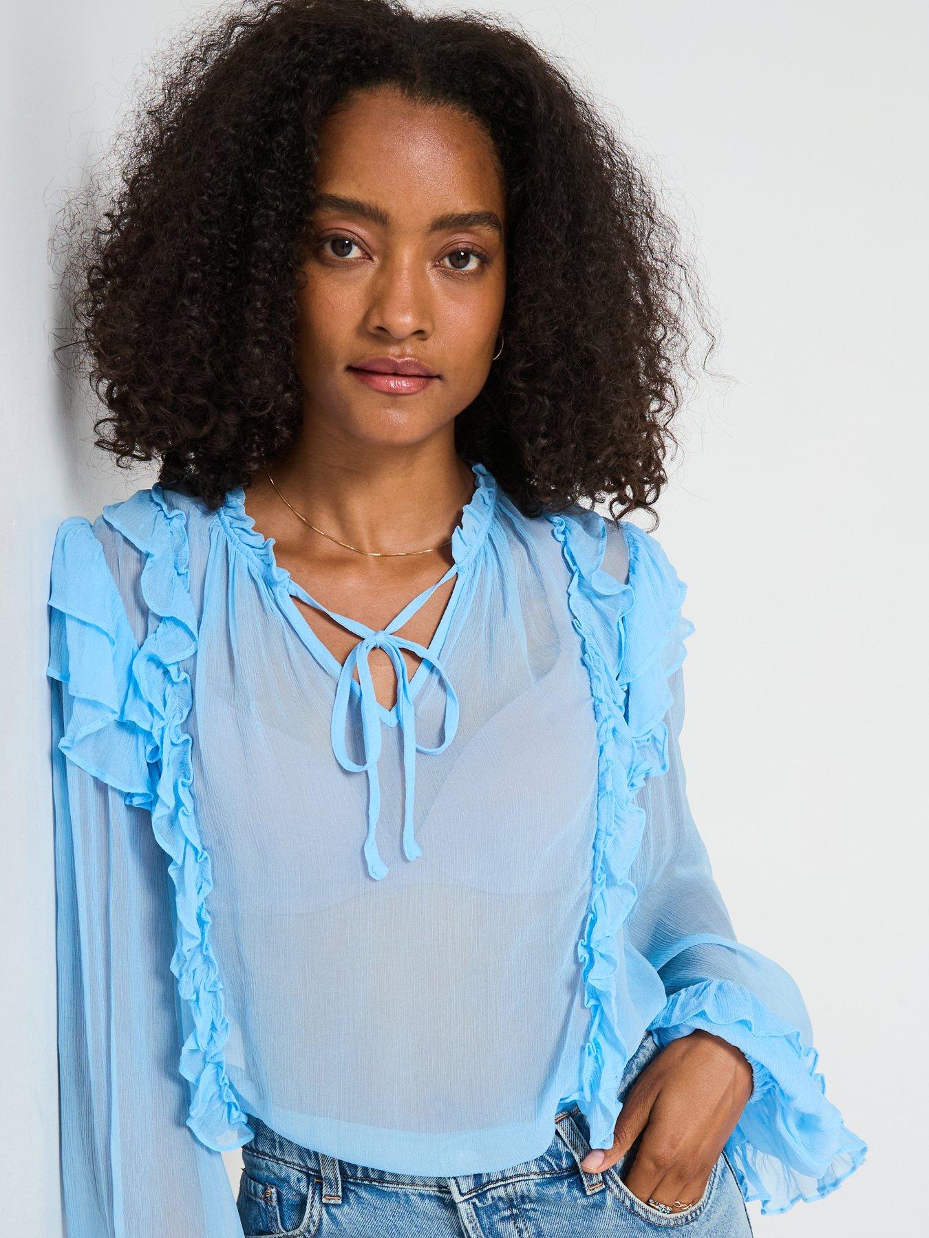 V by Very Seersucker Ruffle Blouse - Blue | Very
