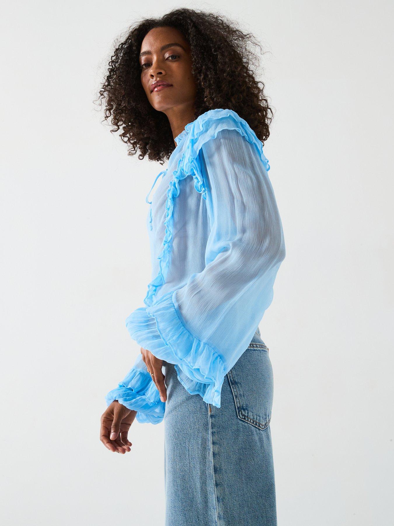 V by Very Seersucker Ruffle Blouse - Blue | Very