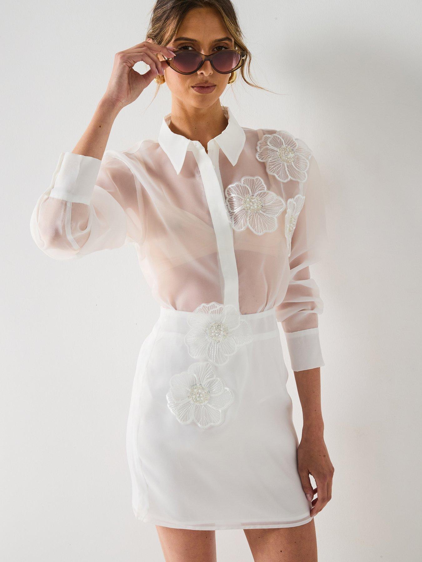 undefined Sheer 3D Flower Shirt - White