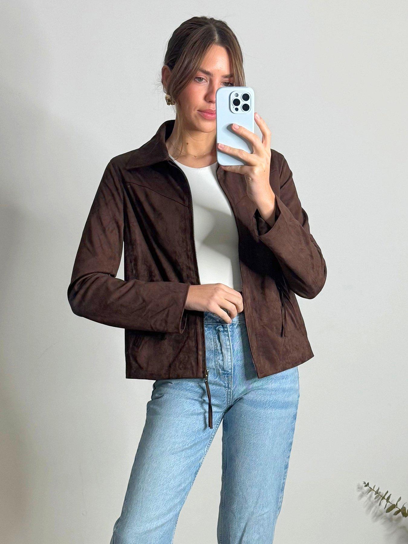 undefined Suedette Zip Up Jacket - Brown