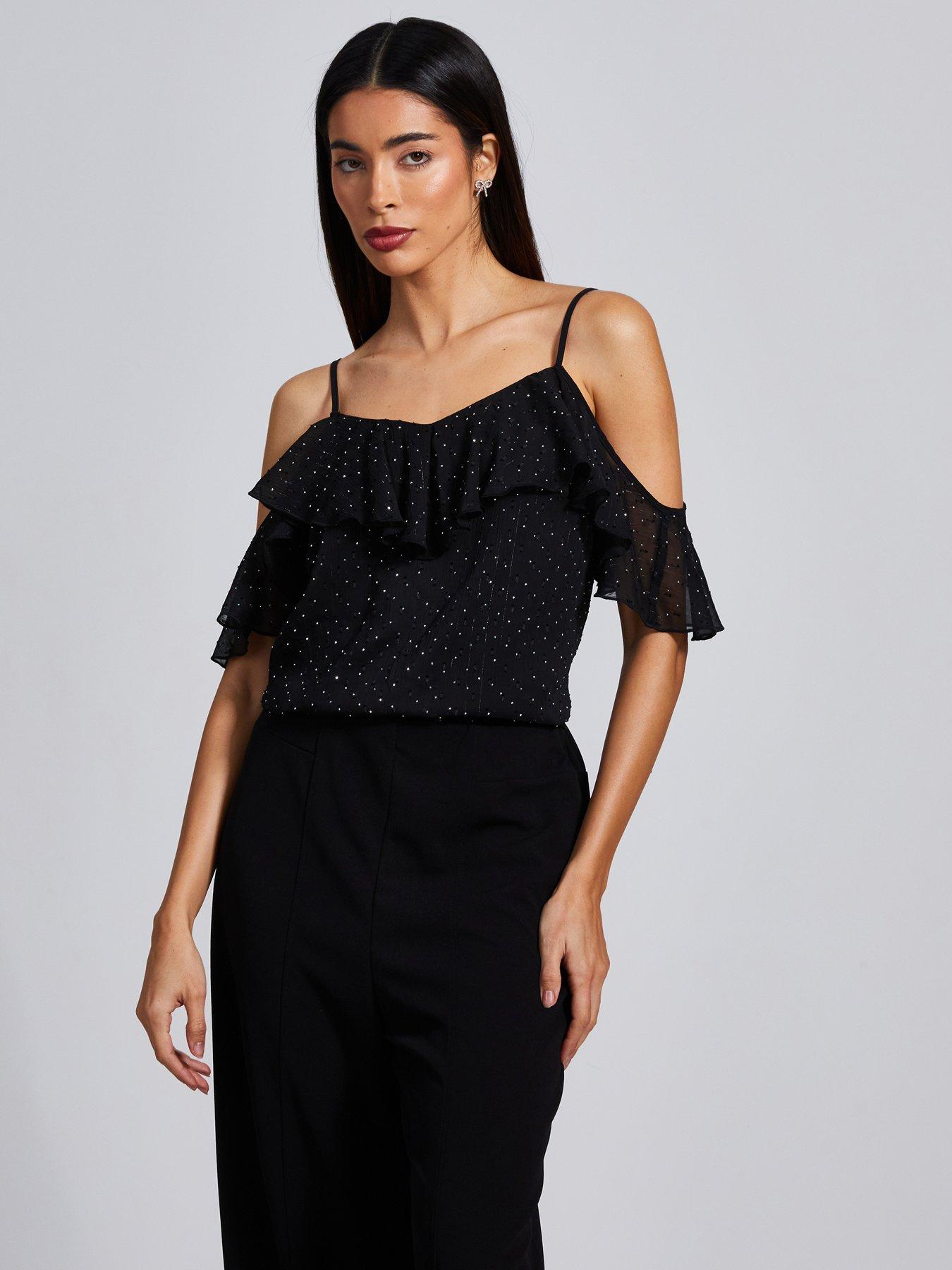 Black chiffon cold shoulder top on sale