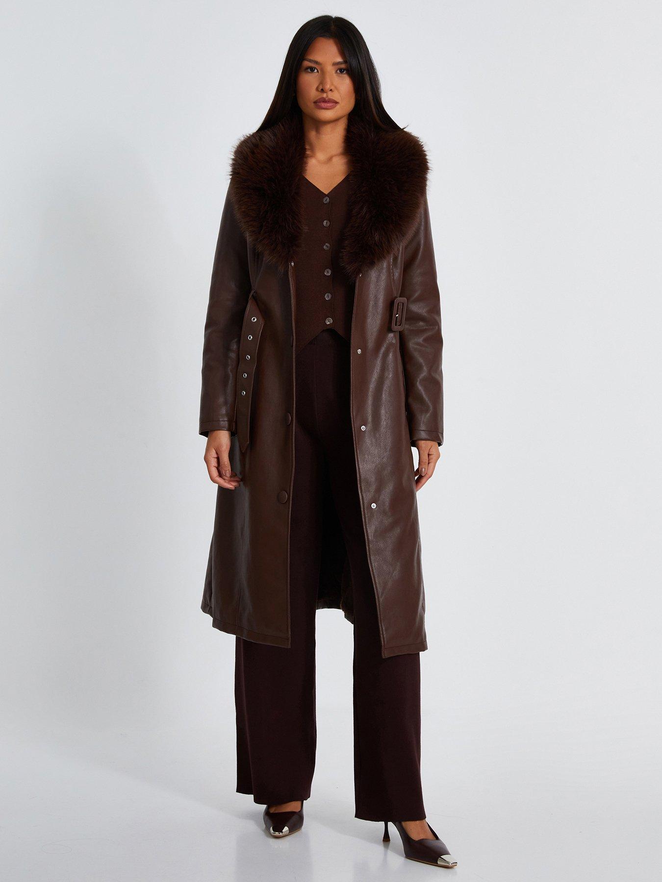Quiz Brown Faux Leather Trench Coat