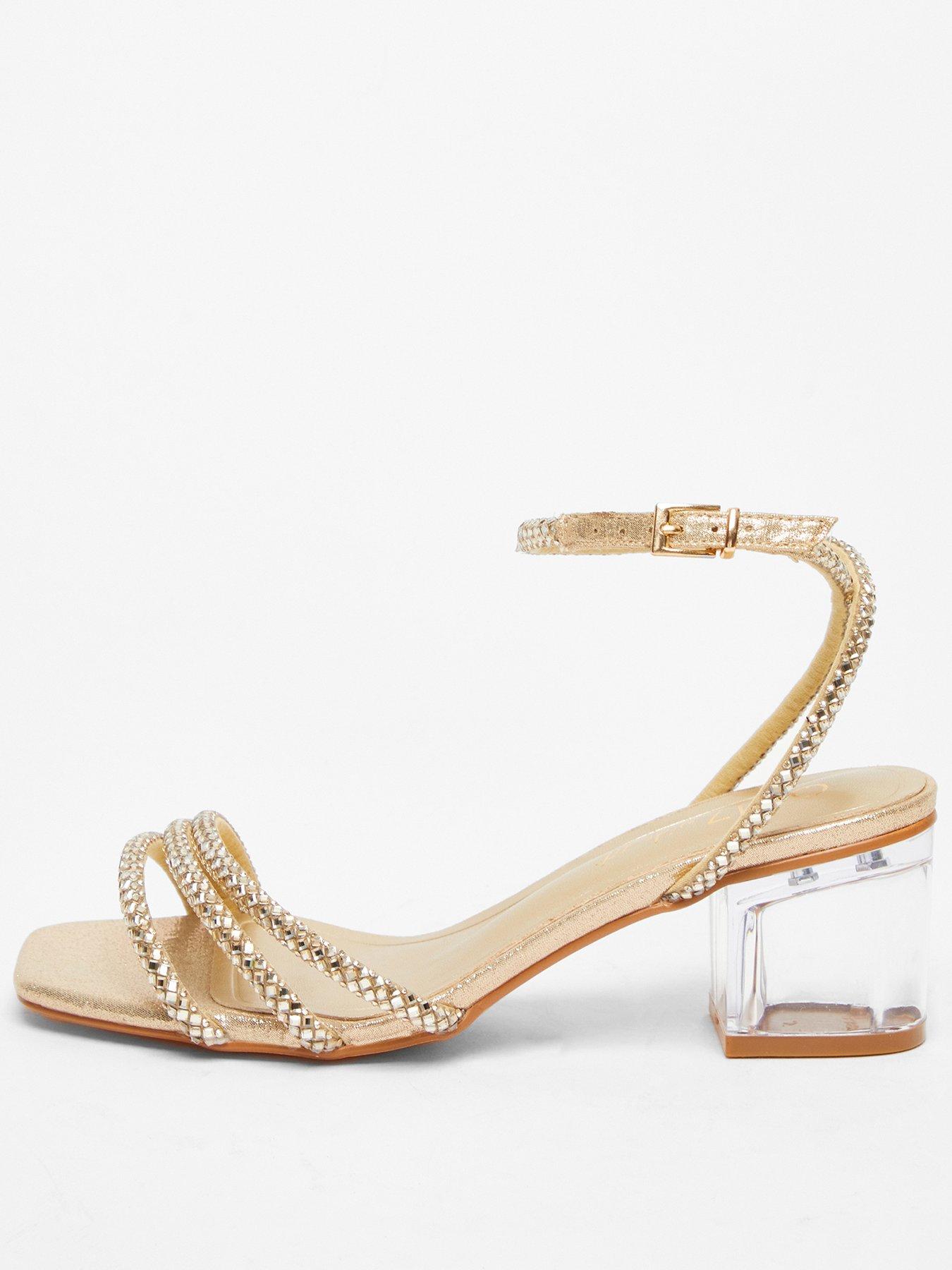 undefined Wide Fit Gold Diamante Low Heeled Sandal