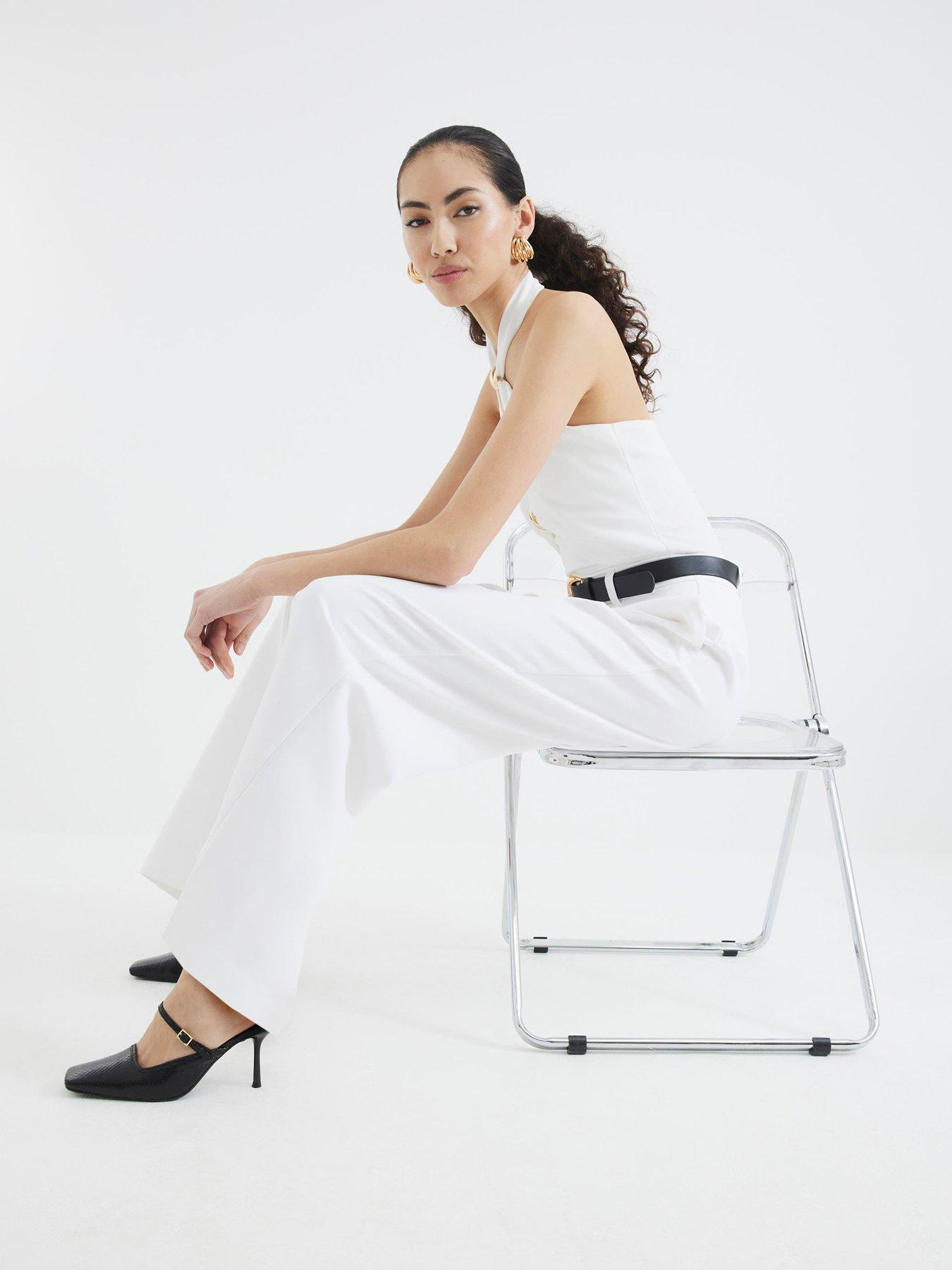 Image 1 of 5 of River Island Belted Wide Leg Trouser - White