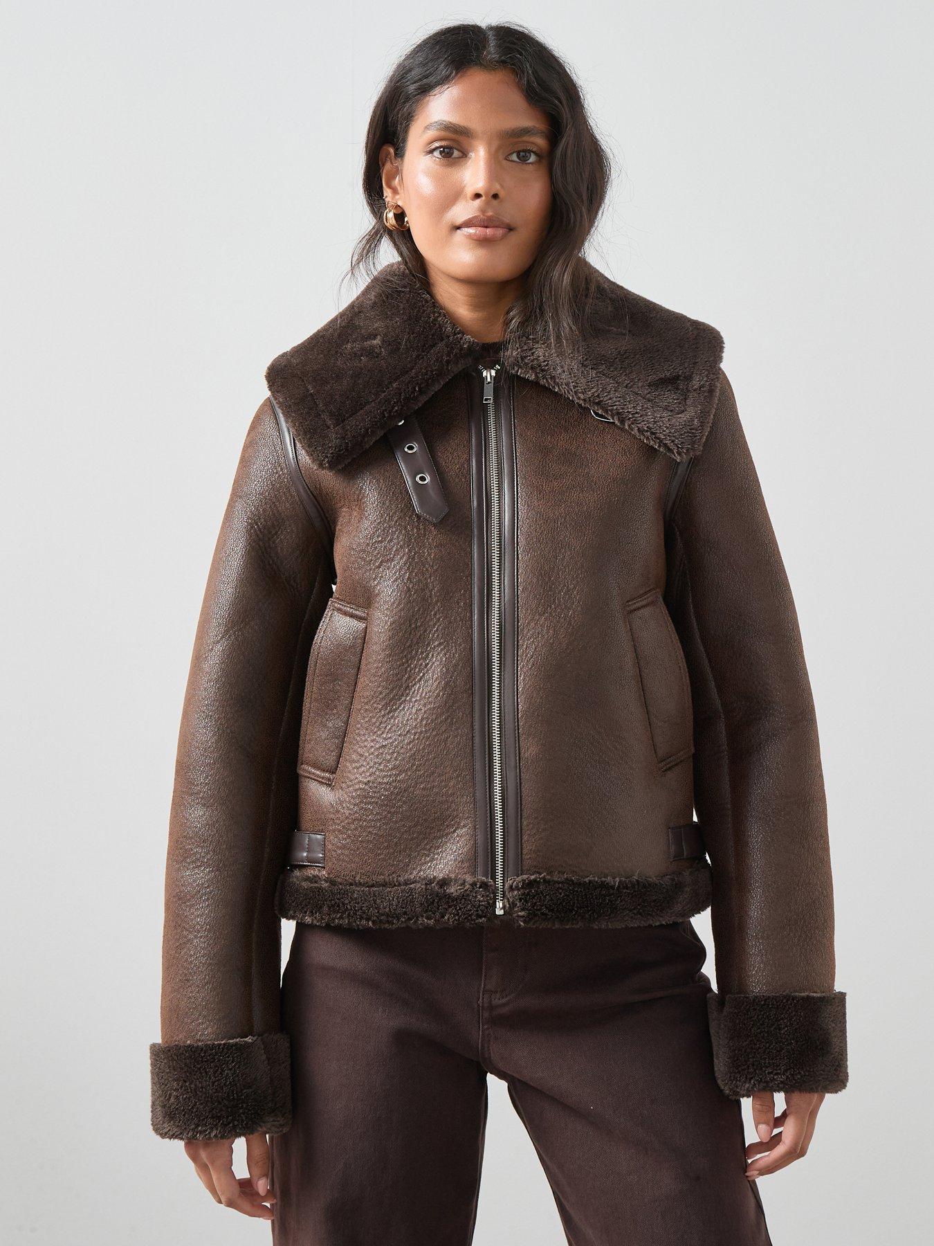 The Very Collection Faux Shearling Aviator Jacket - Brown