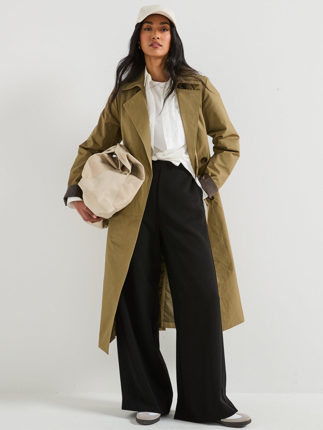 undefined Longline Trench with Faux Leather Trims - Beige