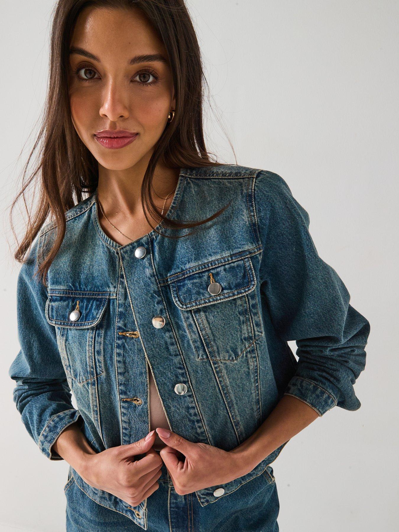 Image 4 of 6 of V by Very Collarless Denim Jacket - Mid Wash