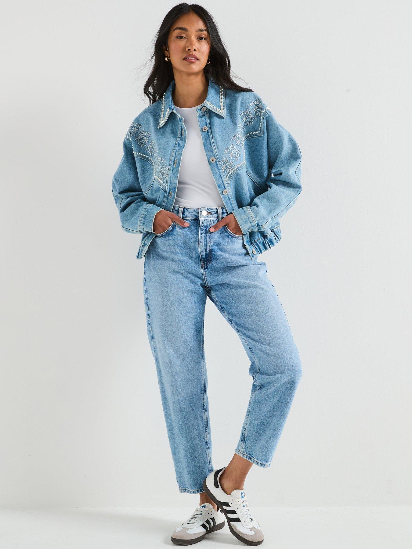 Image 1 of 6 of V by Very Embroidered 80s Denim Jacket with Pearl Details - Mid Wash