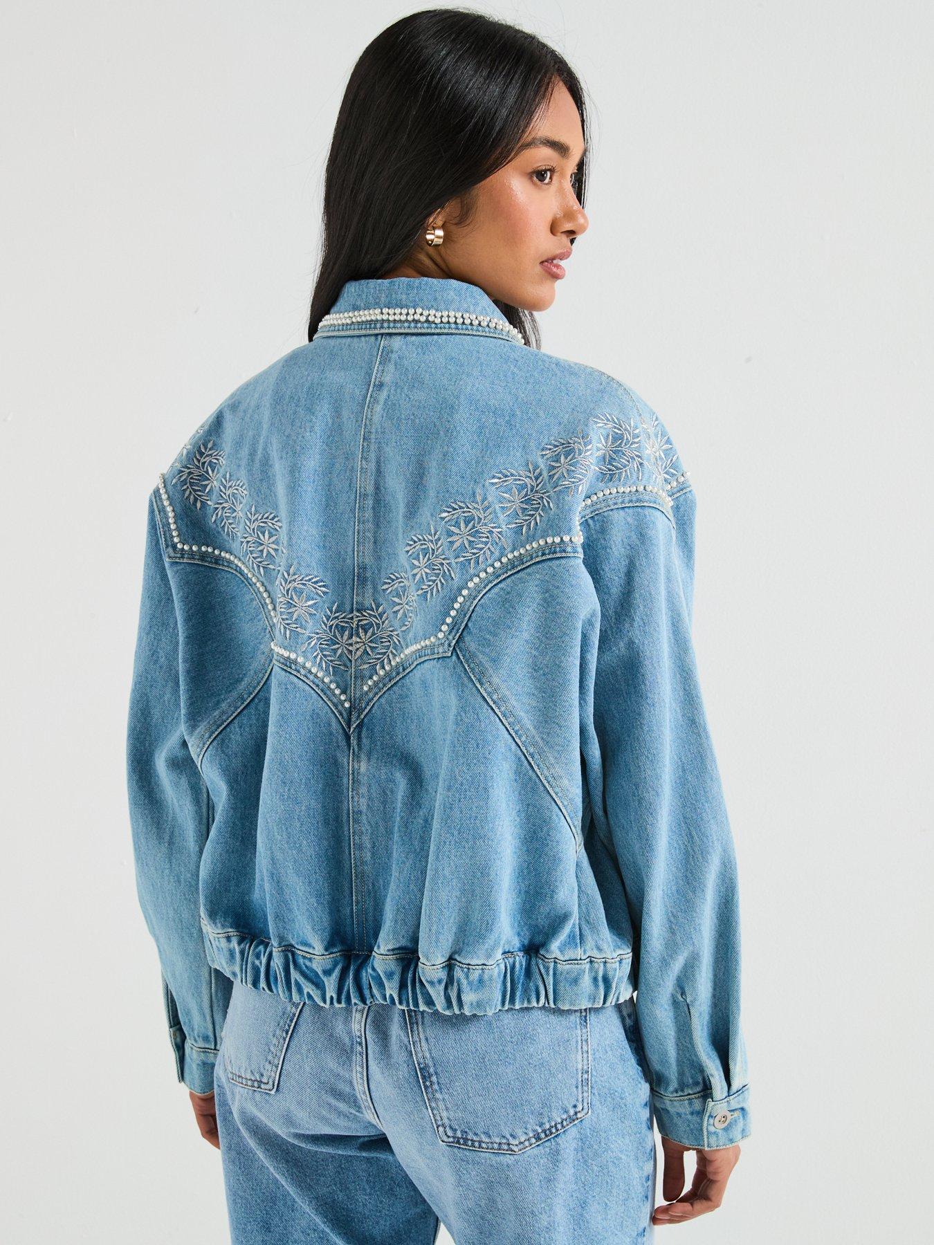 Image 2 of 6 of V by Very Embroidered 80s Denim Jacket with Pearl Details - Mid Wash