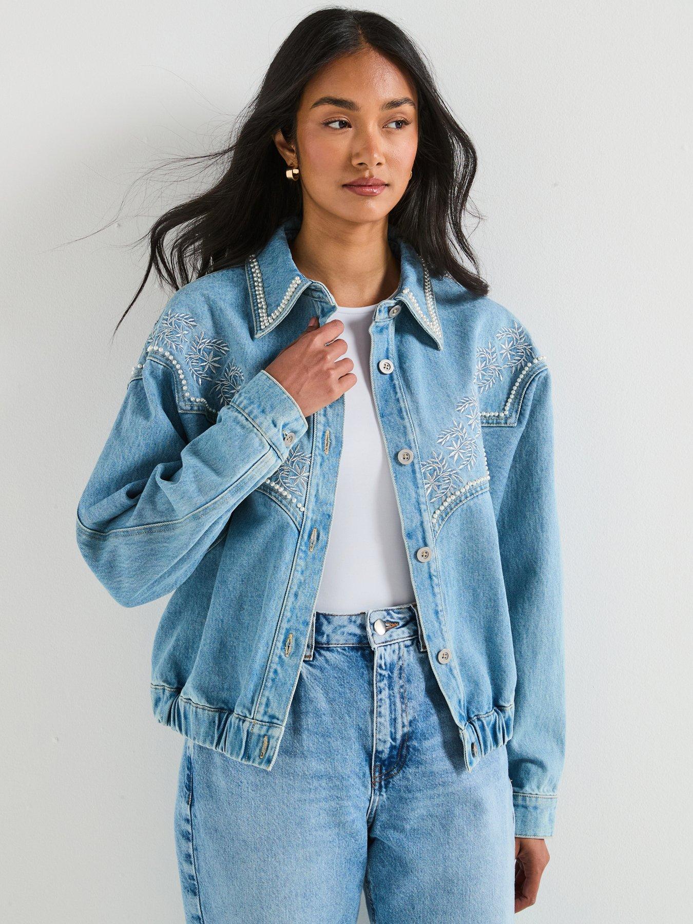 Image 3 of 6 of V by Very Embroidered 80s Denim Jacket with Pearl Details - Mid Wash
