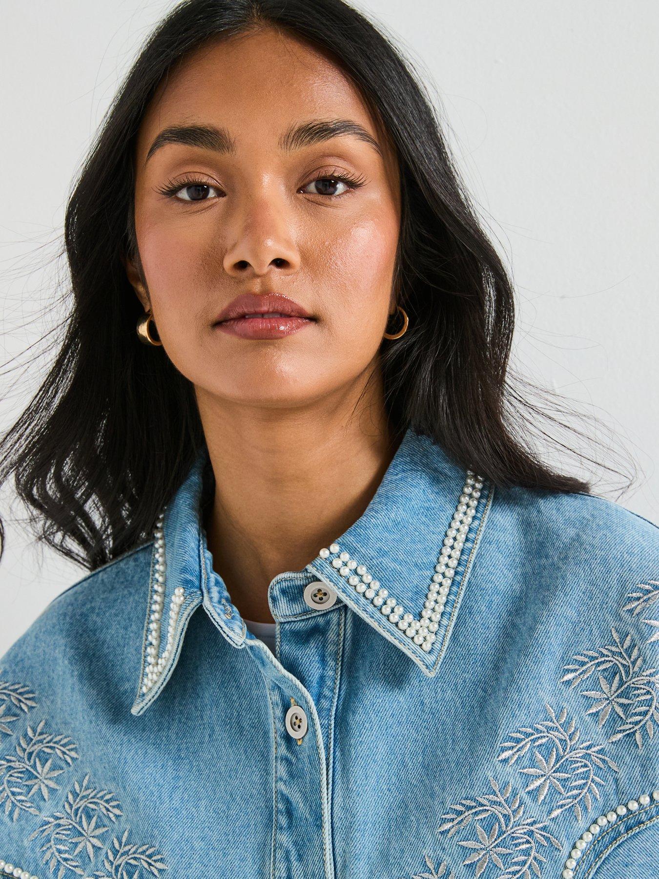Image 4 of 6 of V by Very Embroidered 80s Denim Jacket with Pearl Details - Mid Wash