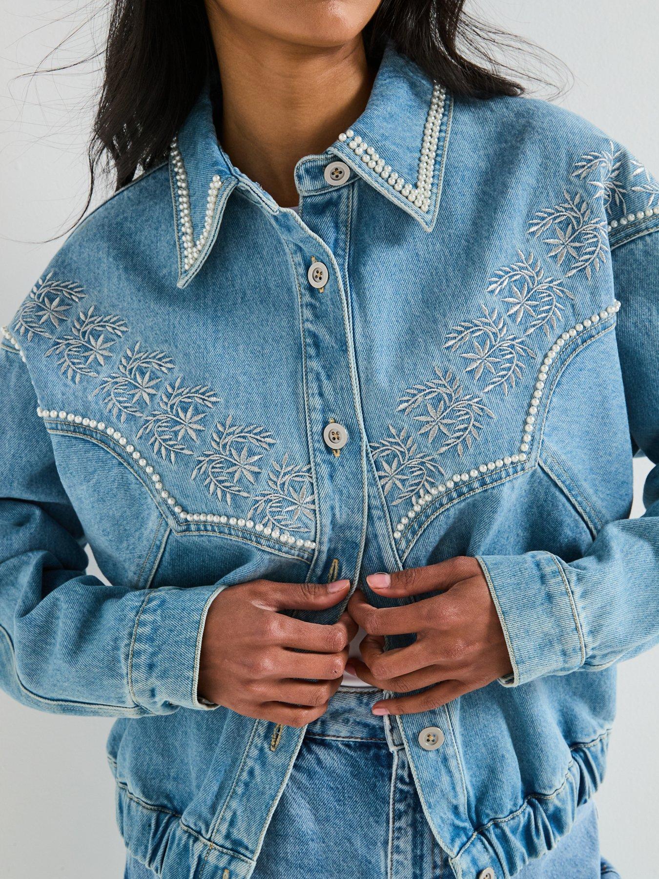 Image 5 of 6 of V by Very Embroidered 80s Denim Jacket with Pearl Details - Mid Wash