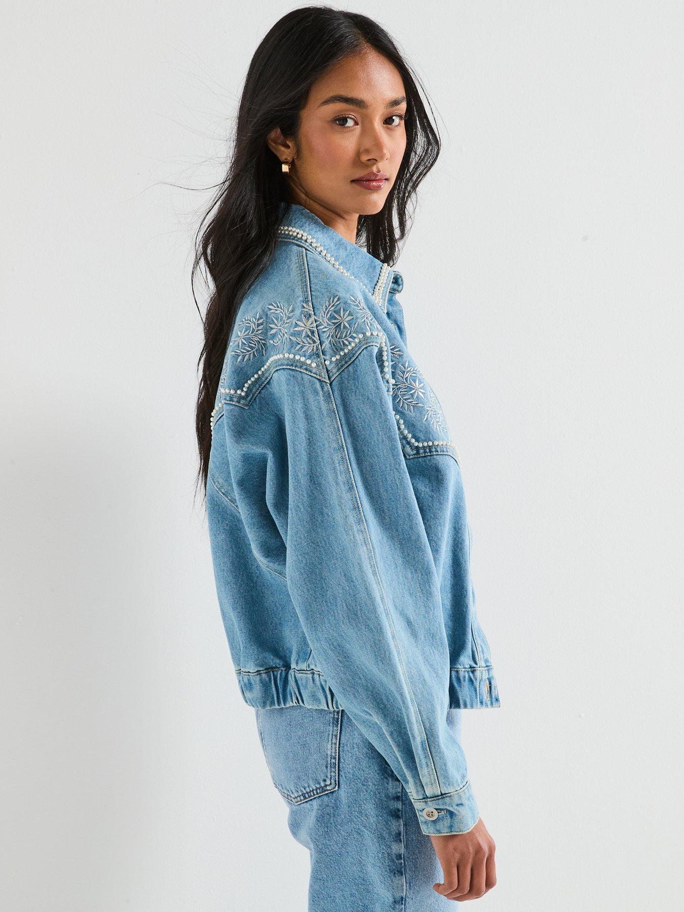 Image 6 of 6 of V by Very Embroidered 80s Denim Jacket with Pearl Details - Mid Wash