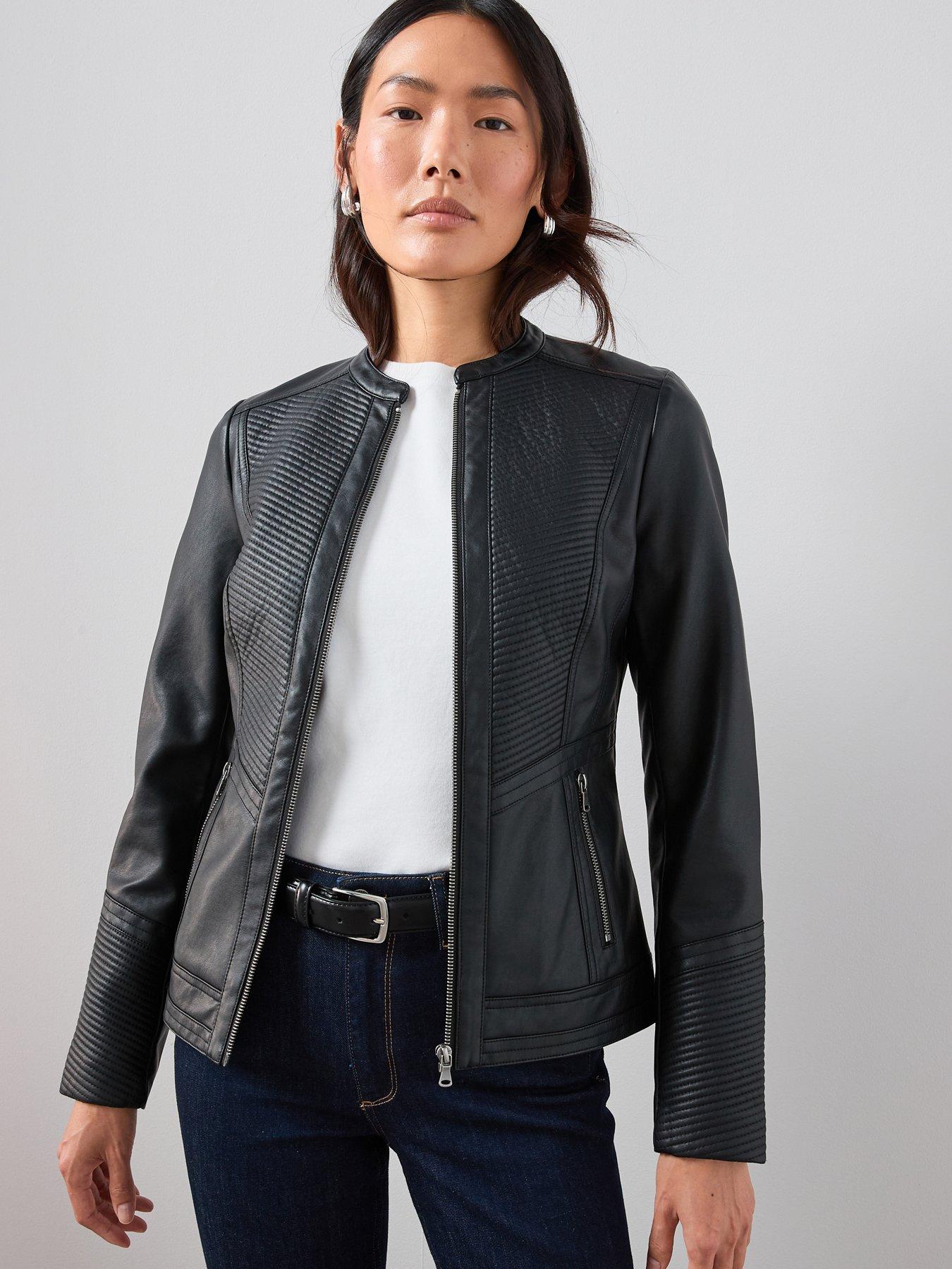 Image 1 of 7 of The Very Collection Faux Leather Collarless Stitch Jacket - Black
