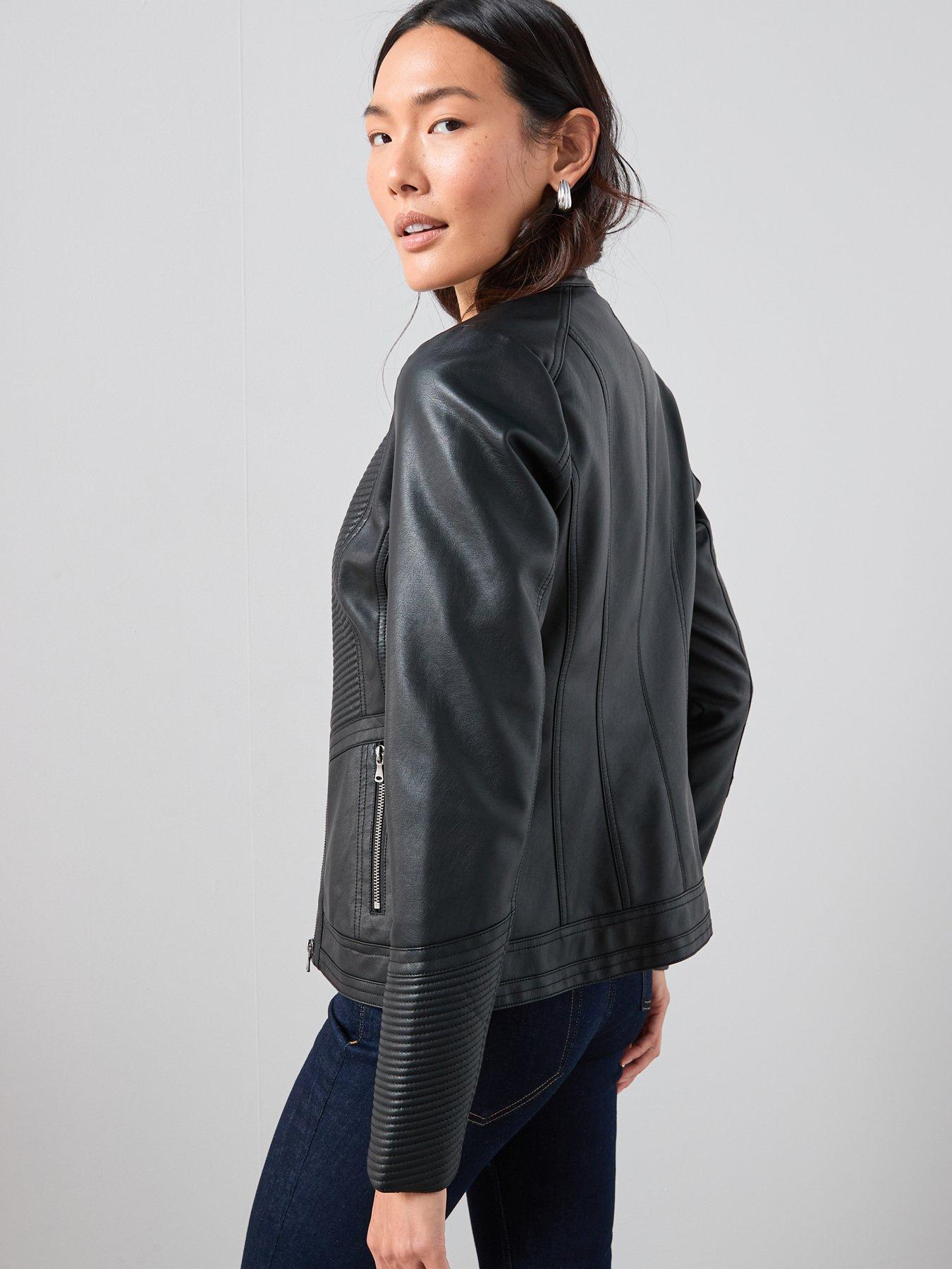 Image 2 of 7 of The Very Collection Faux Leather Collarless Stitch Jacket - Black