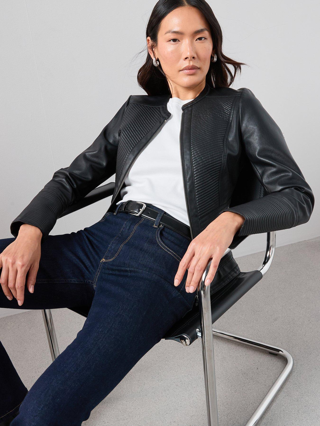 Image 4 of 7 of The Very Collection Faux Leather Collarless Stitch Jacket - Black