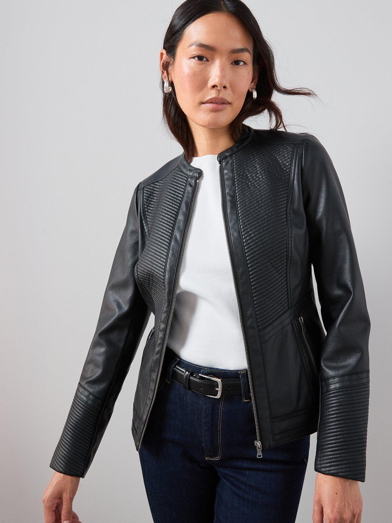 Image 5 of 7 of The Very Collection Faux Leather Collarless Stitch Jacket - Black