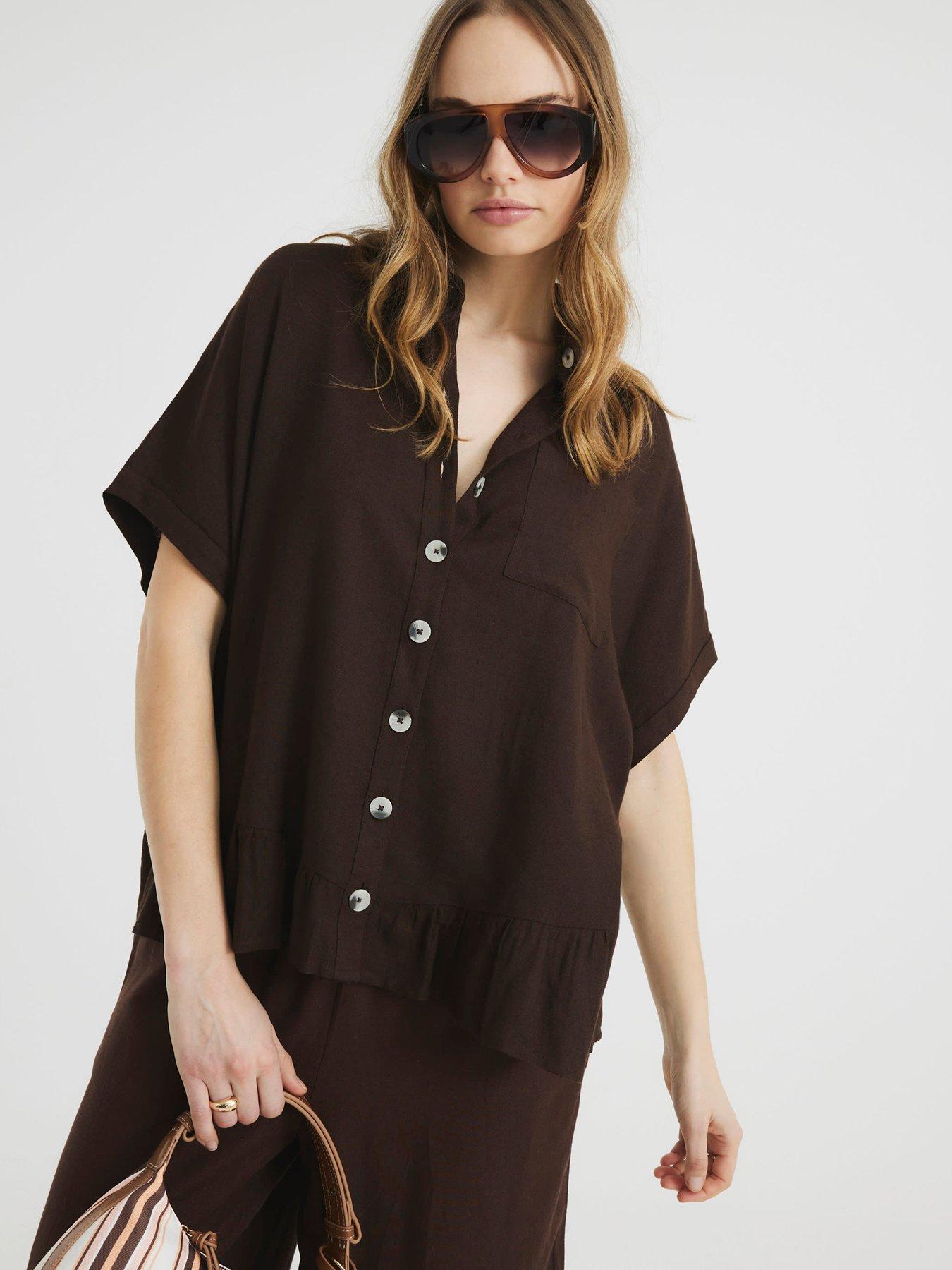 undefined Linen Tie Sleeve Shirt - Brown