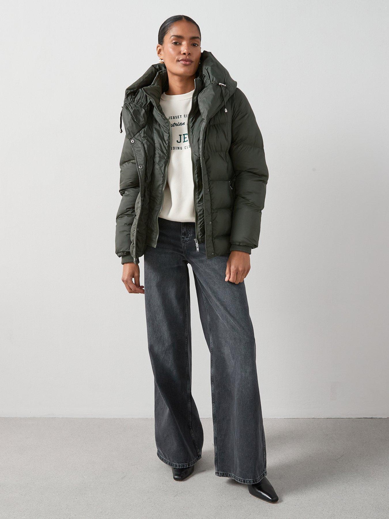 undefined Double Collar Short Padded Coat With Hood - Khaki