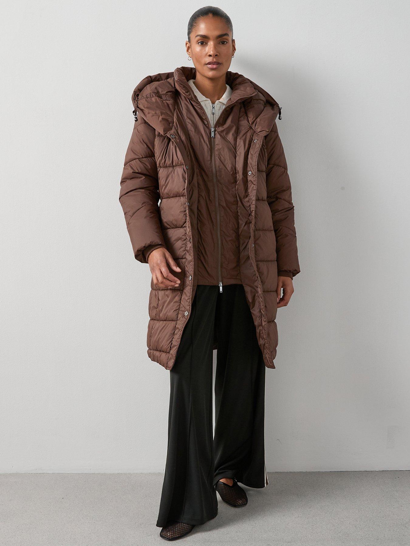 Image 1 of 6 of The Very Collection Double Collar Longline Padded Coat With Hood - Brown
