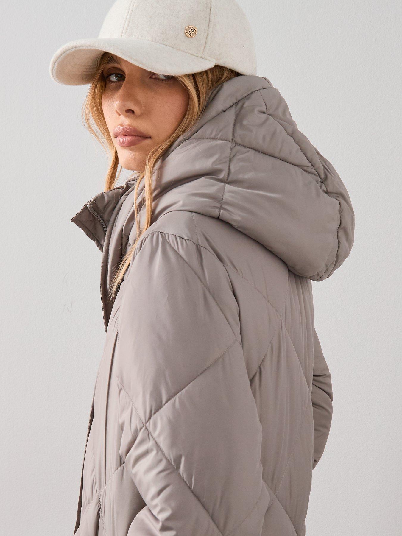 Image 6 of 7 of The Very Collection Diamond Quilt Double Placket Longline Sorona Padded Coat - Beige