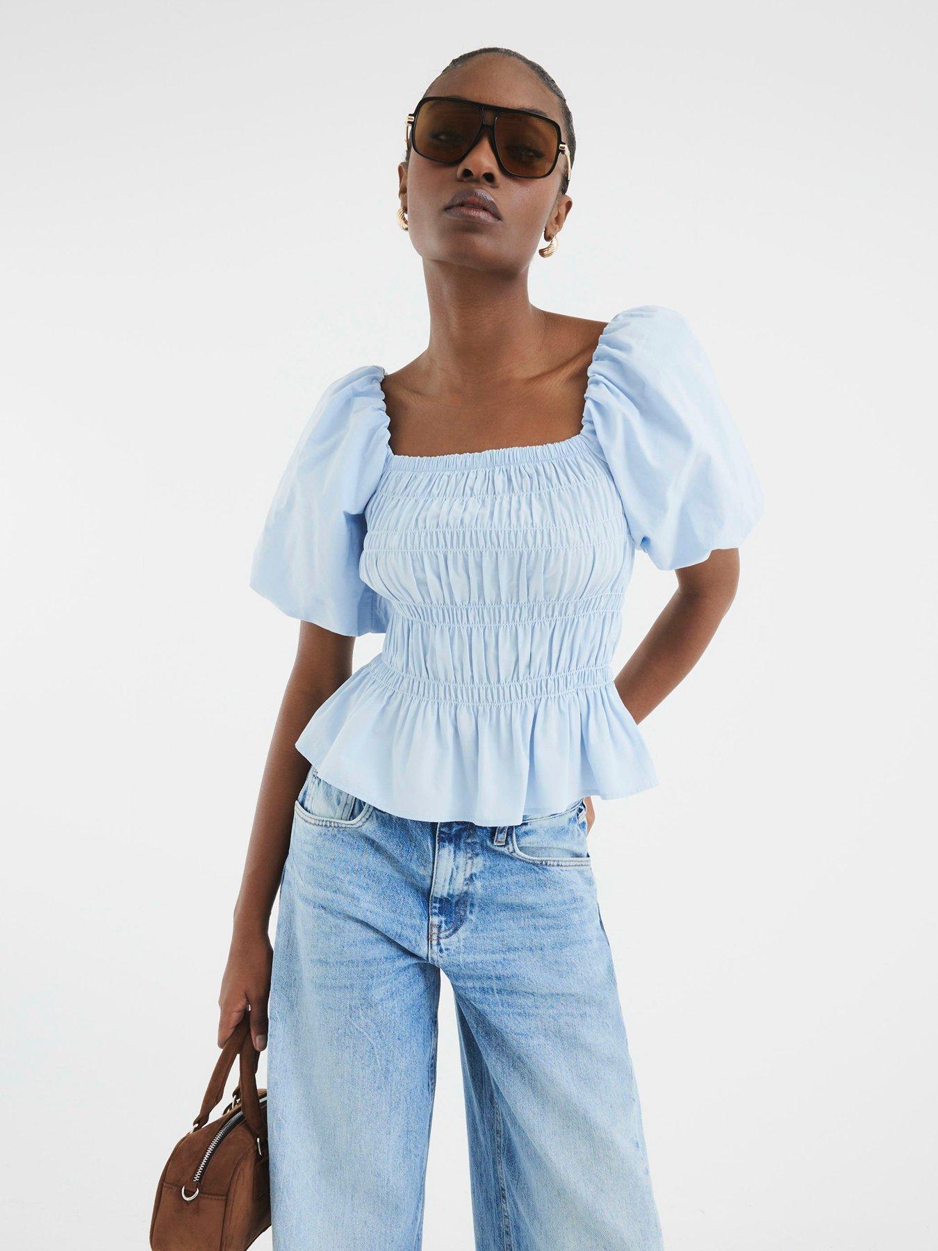 undefined Puff Sleeve Shirred Top - Blue