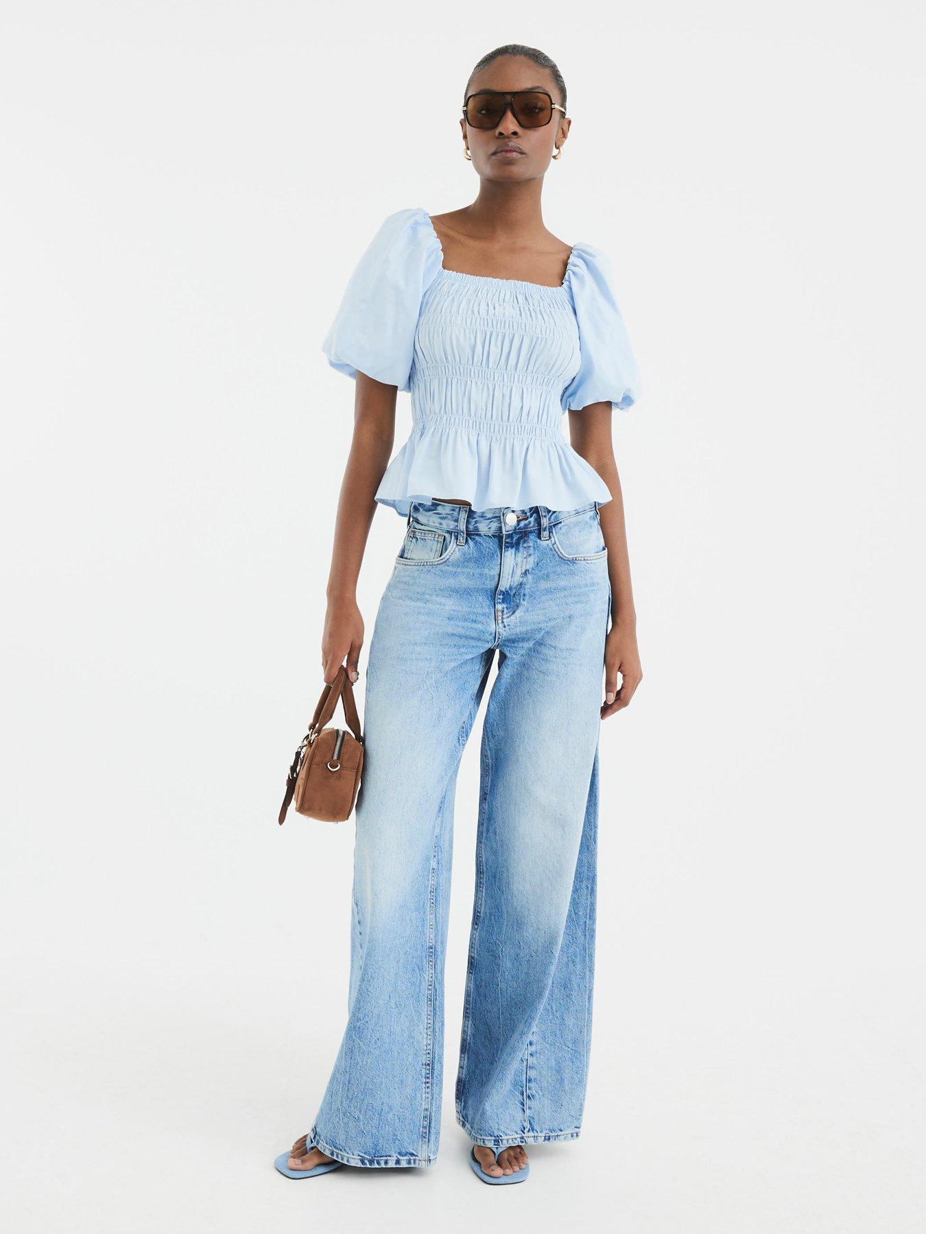River Island Puff Sleeve Shirred Top Blue Very