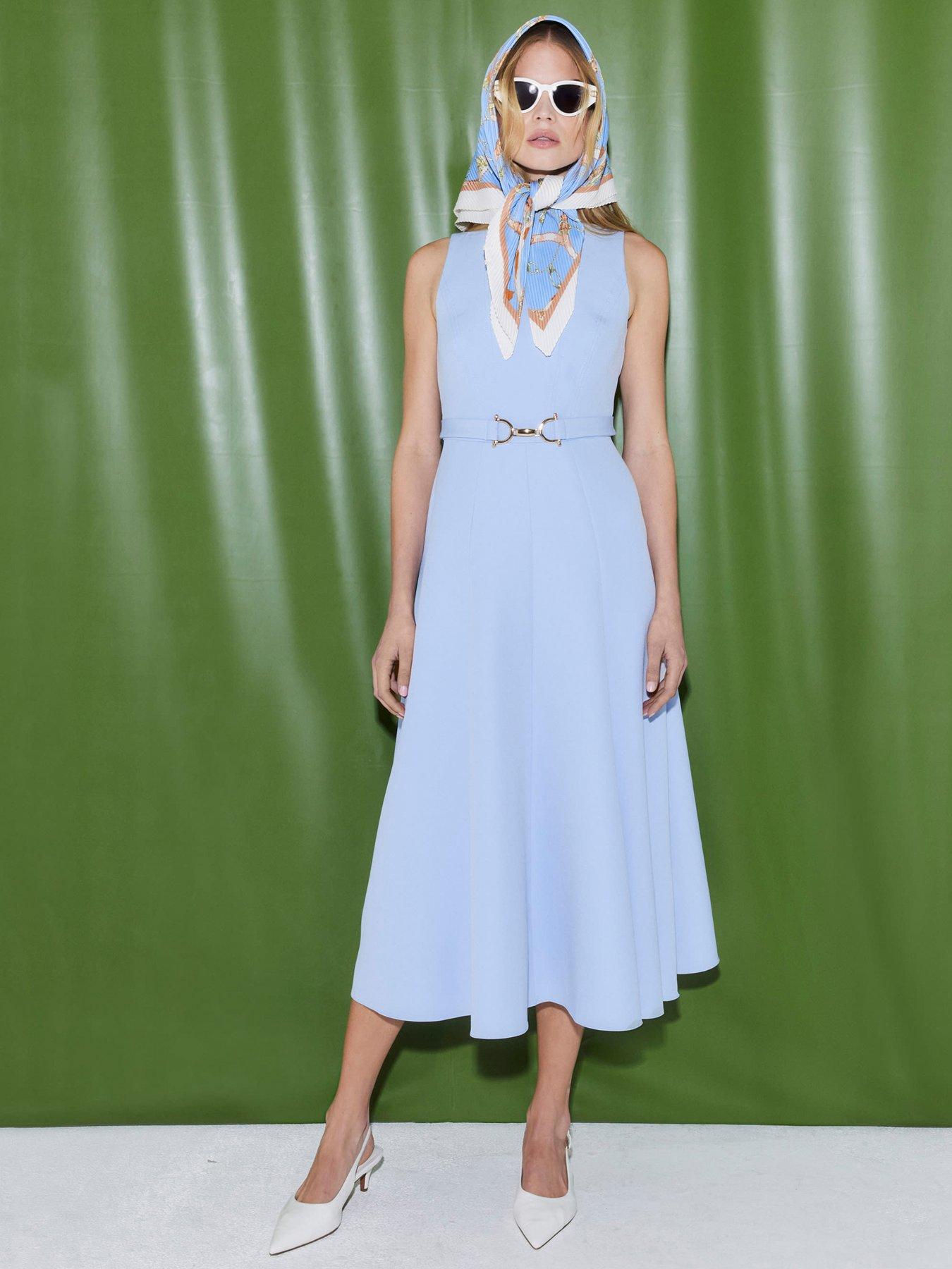 undefined Boat Neck Belted Midi Dress - Blue